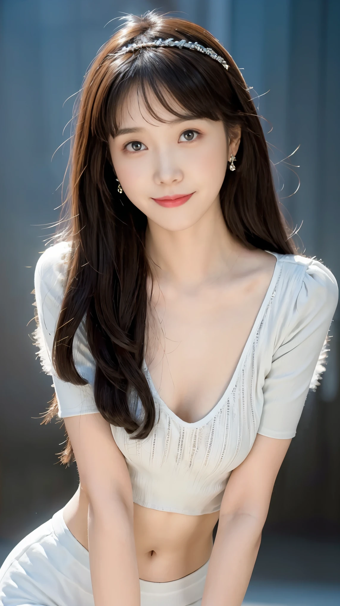 sweet smile、night、original photography、(((ultimate beauty portrait)))、((sparkling skin))、1 girl、 15 year old beautiful girl、bright expression、((dark brown hair))、(cleavage)、 (white crop top: 1.4), tight leather pants，（red lips：2.0）, The face is super delicate，naked thighs，((Big eyes sparkling like gems))、Glowing and radiant skin、(Goddess of Rapunzel)、(silk headband)、(standing)、(from below)、Eyeliner、beautiful bangs、hair between eyes、((​Masterpiece、top quality、Super detailed、Warm colors、intricate details、high resolution、Very detailed))、background for this、digital SLR、soft light、high quality、film grain、富士XT3 、shallow view deep、natural soft light、Kamimei、plump bust，Big breasts，Protruding breasts