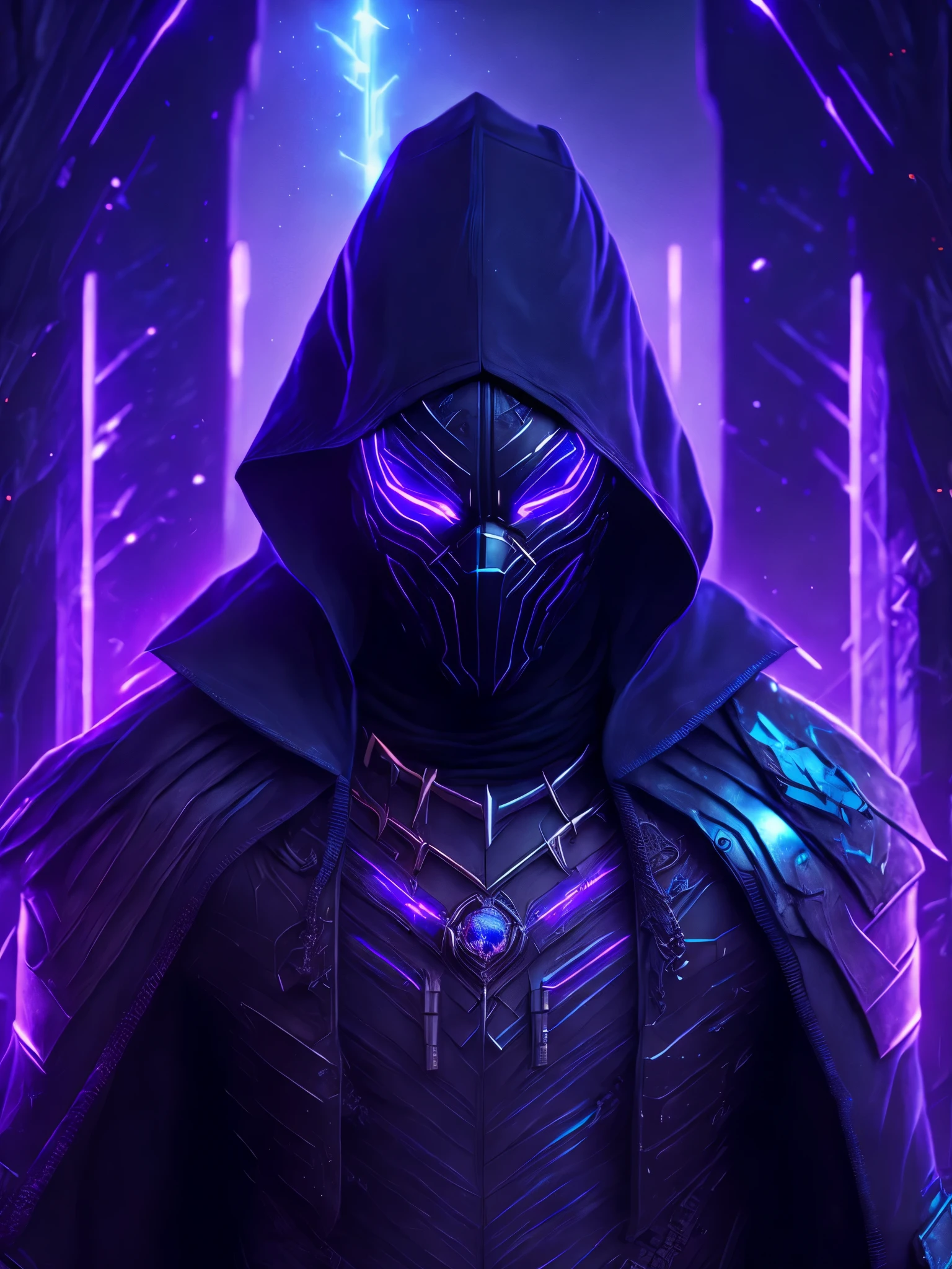  Reaper portrait from Marvel dressed as Black-Panther with intricate angular cybernetic implants inside a brutalist building, gothic brutalist graveyard, cyberpunk, Foto premiada, Bokeh, Neon lights, cybernetic, fireworks in the background.