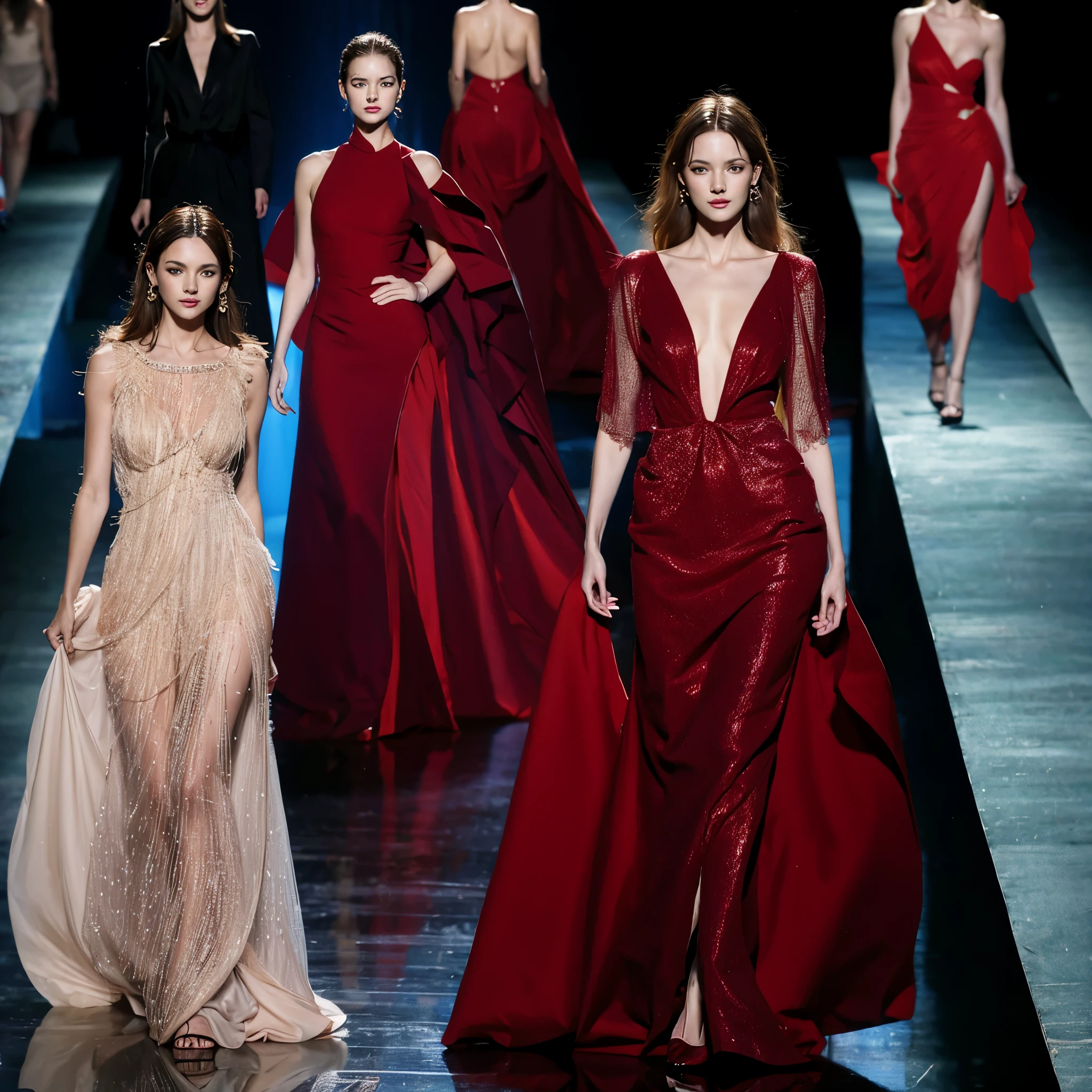 (just a beautiful girl, international supermodel, long legs, beautiful countenance, dark red eyes, wearing a long flowing dress, fashion model, clothing model, walking the catwalk), elegant, professional, best quality, highest quality, 8K, perfect lighting, professional photo shoot, lens focus, depth of field,
