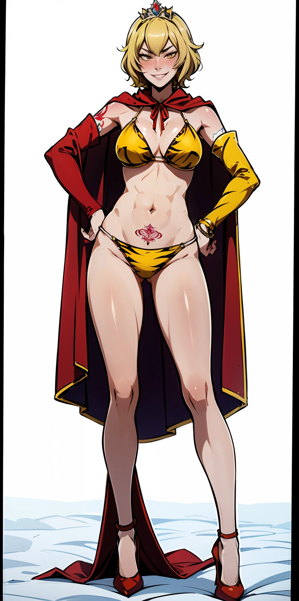 yellow eyes, blonde hair, short hair, blue ribbon, large breasts, detached sleeves, very white background, royal tiara, laying down on bed, red cape, yellow tiger bikini, high heels, hands on hips. red tattoo on belly, full body female milf, lustful smirking smile face (red blush)