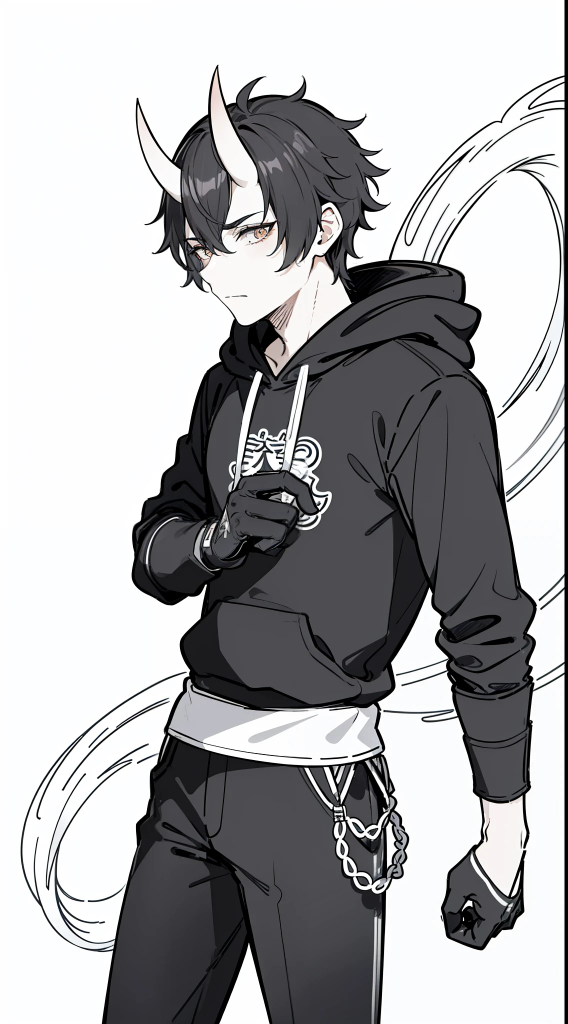 (1oni boy,20s,mature male),solo,black hair,oni horns,serious,((black sweatshirt,black pants,black gloves,hooded))),cowboy shot,(white background,line drawing),standing