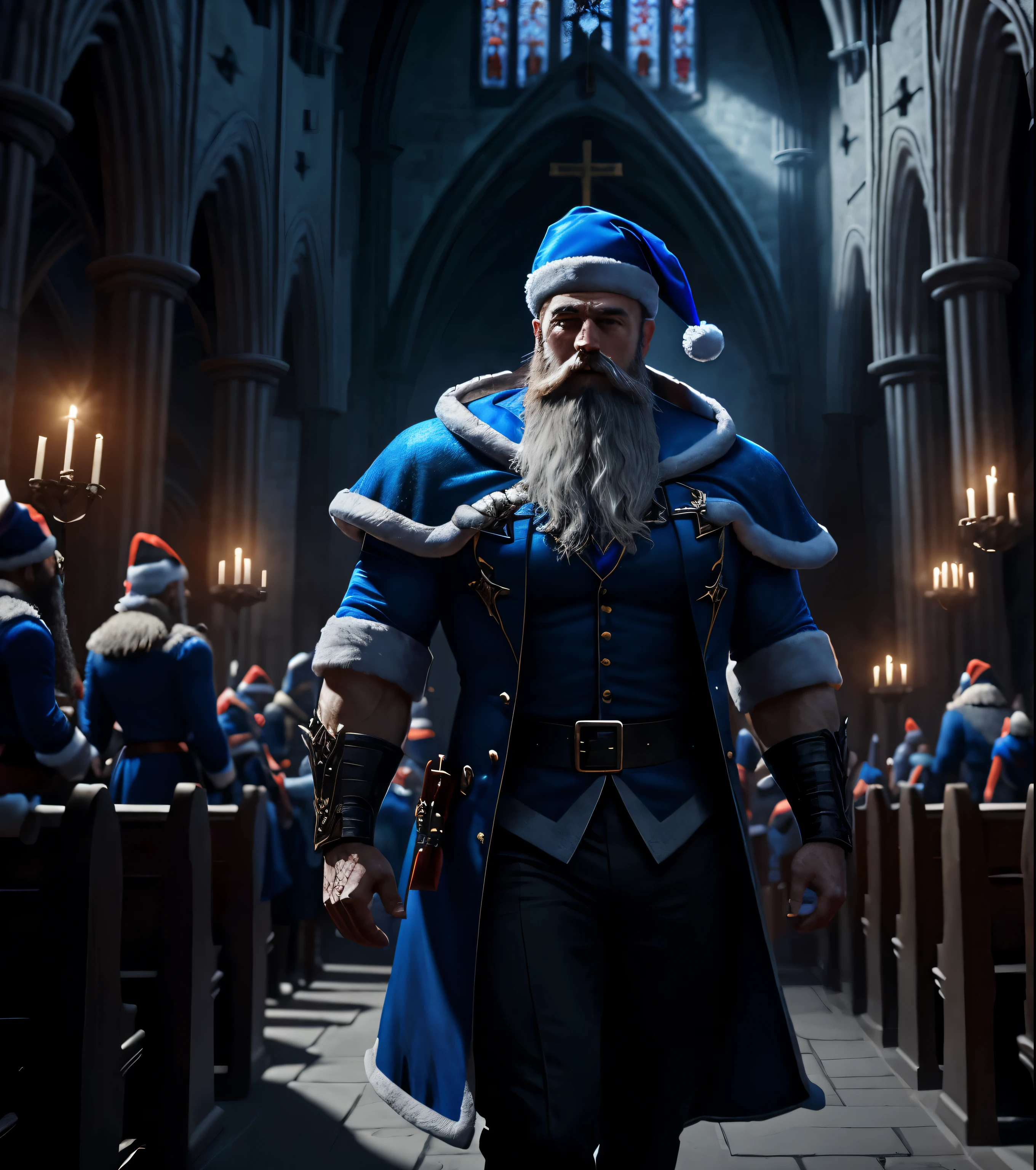 azul, forte, homem masculino, barbudo, wearing a blue Santa Claus hat, com testosterona, inside a Gothic church, iluminado por Deus. Vampiros ao seu redor. estilo RPG, High definition, 4k, detalhado