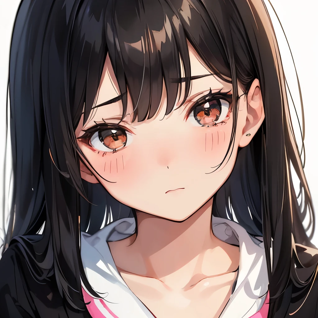 A girly girl, ish, bangs, black hair, brown eyes, pretty face, face close up, face picture, shy, blushing