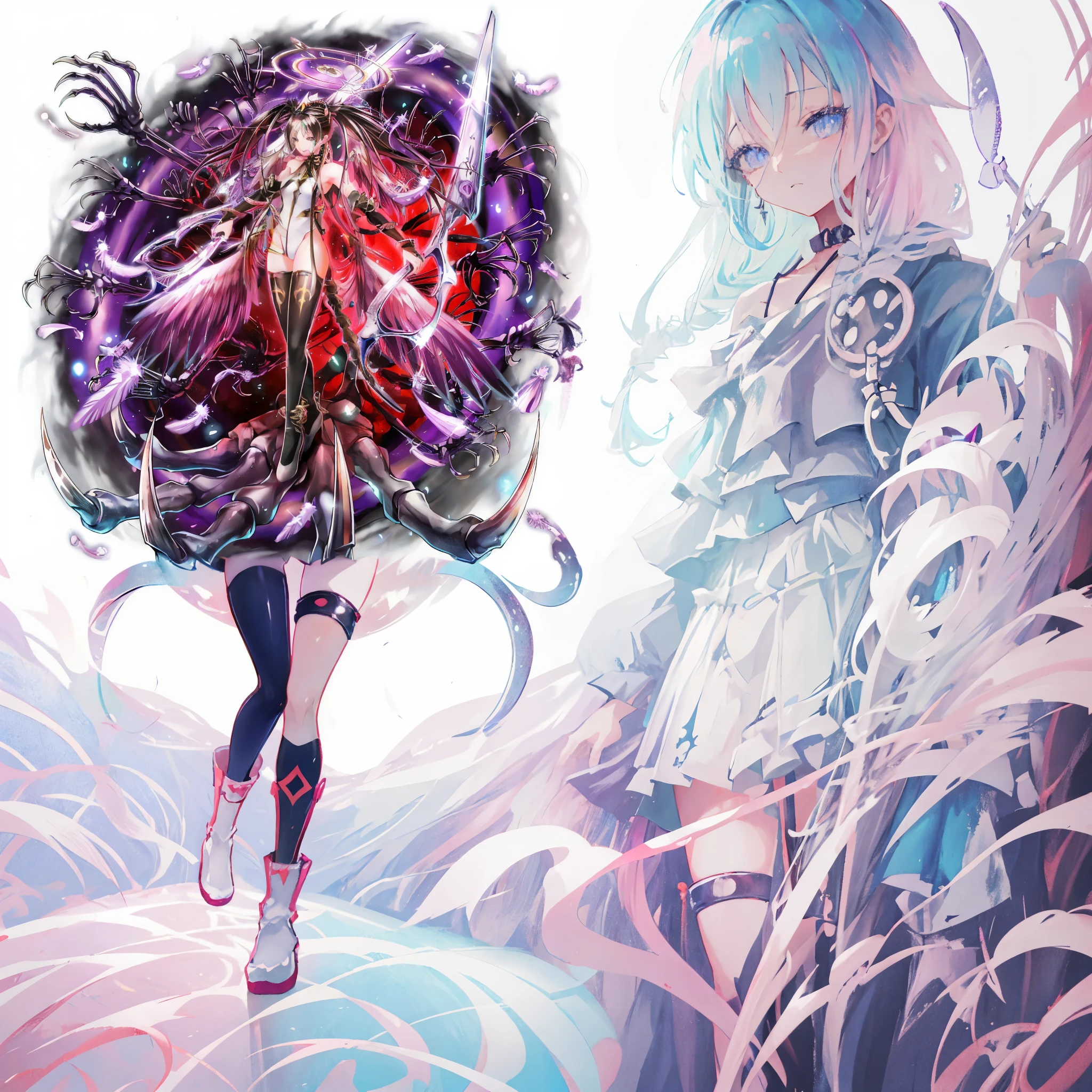 Drawing of a woman with a sword and a devil, demon anime girl, anime epic artwork, anime goddess, shadowverse style, anime fantasy artwork, Japanese thunder goddess, detailed key anime art, anime monster girl, anime character; full body art, best anime character design, holy cyborg necromancer girl, official character art, small details. anime. tentacle