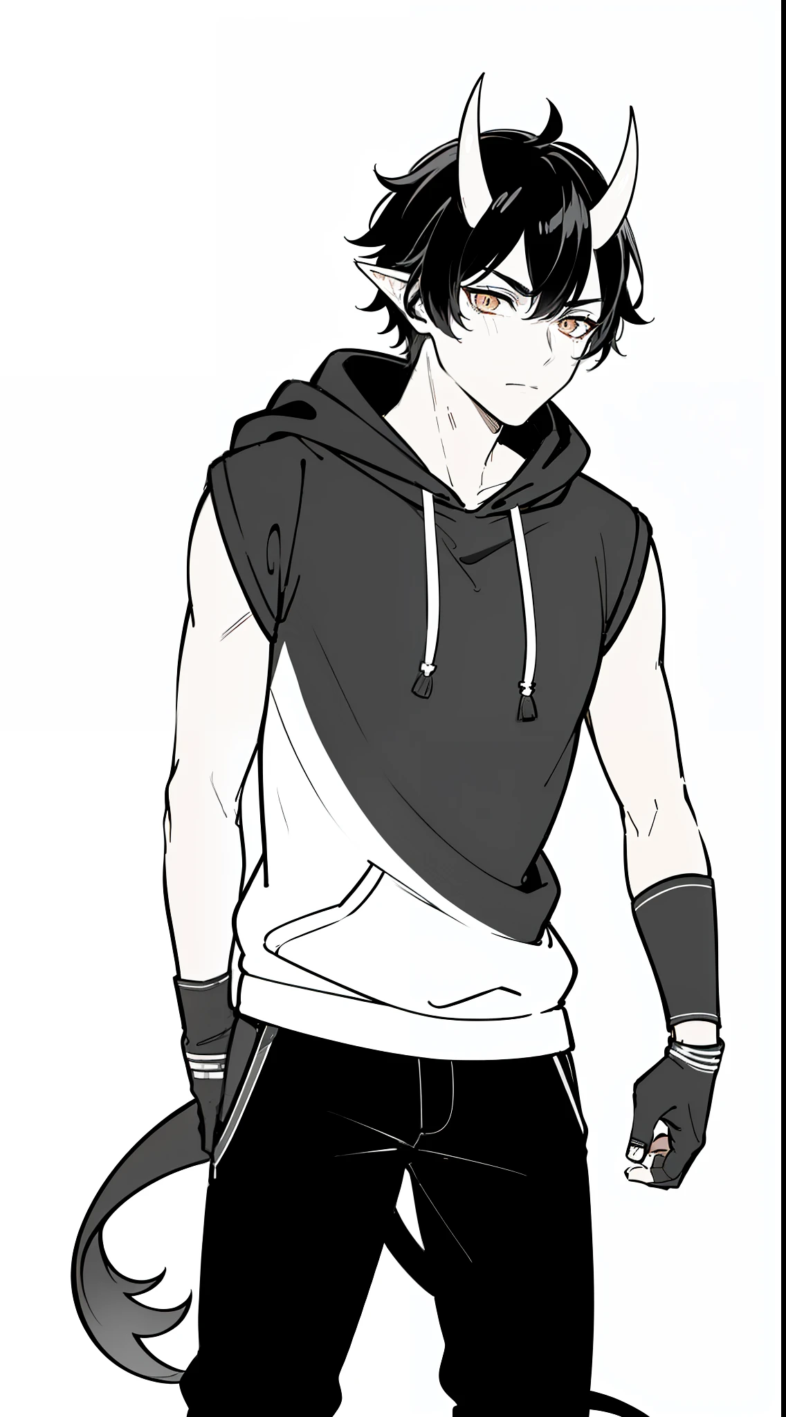 (1oni boy,20s,mature male),solo,black hair,oni horns,serious,((black sweatshirt,black pants,black gloves,hooded))),cowboy shot,(white background,line drawing),standing