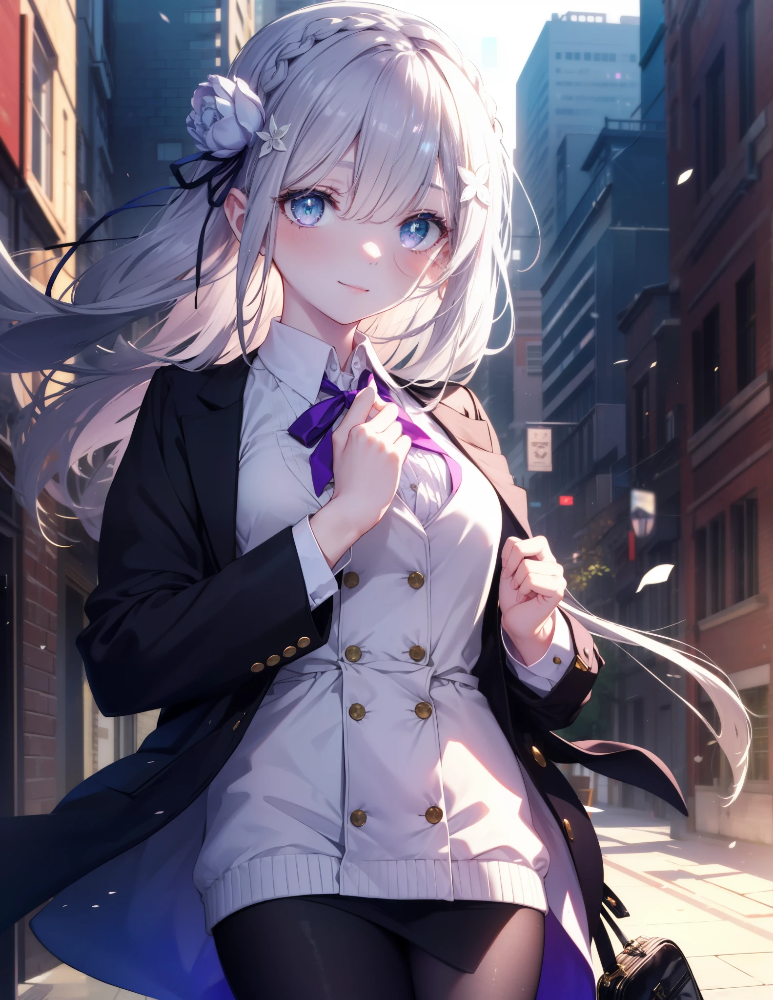 rezeroemilia, emilia, Braid, crown Braid, flower, hair flower, hair ornaments, hair ribbon, long hair, headlock, (purple eyes:1.2), pointed ears, white flower, x hair ornaments, close your mouth,red glasses, Fundo, black suit jacket, collared jacket, white dress shirt, collared shirt, neckline, button, strap, ID card on neck, black pencil skirt, black pantyhose stiletto heels,business bag,blush,smile,morning,morning陽
break outdoors,building street,街中
break looking at viewer, (cowboy shot:1.5),
break (masterpiece:1.2), highest quality, High resolution, unity 8k w all paper, (shape:0.8), (beautiful and detailed eyes:1.6), highly detailed face, perfect lighting, Very detailed CG, (perfect hands, perfect anatomy),