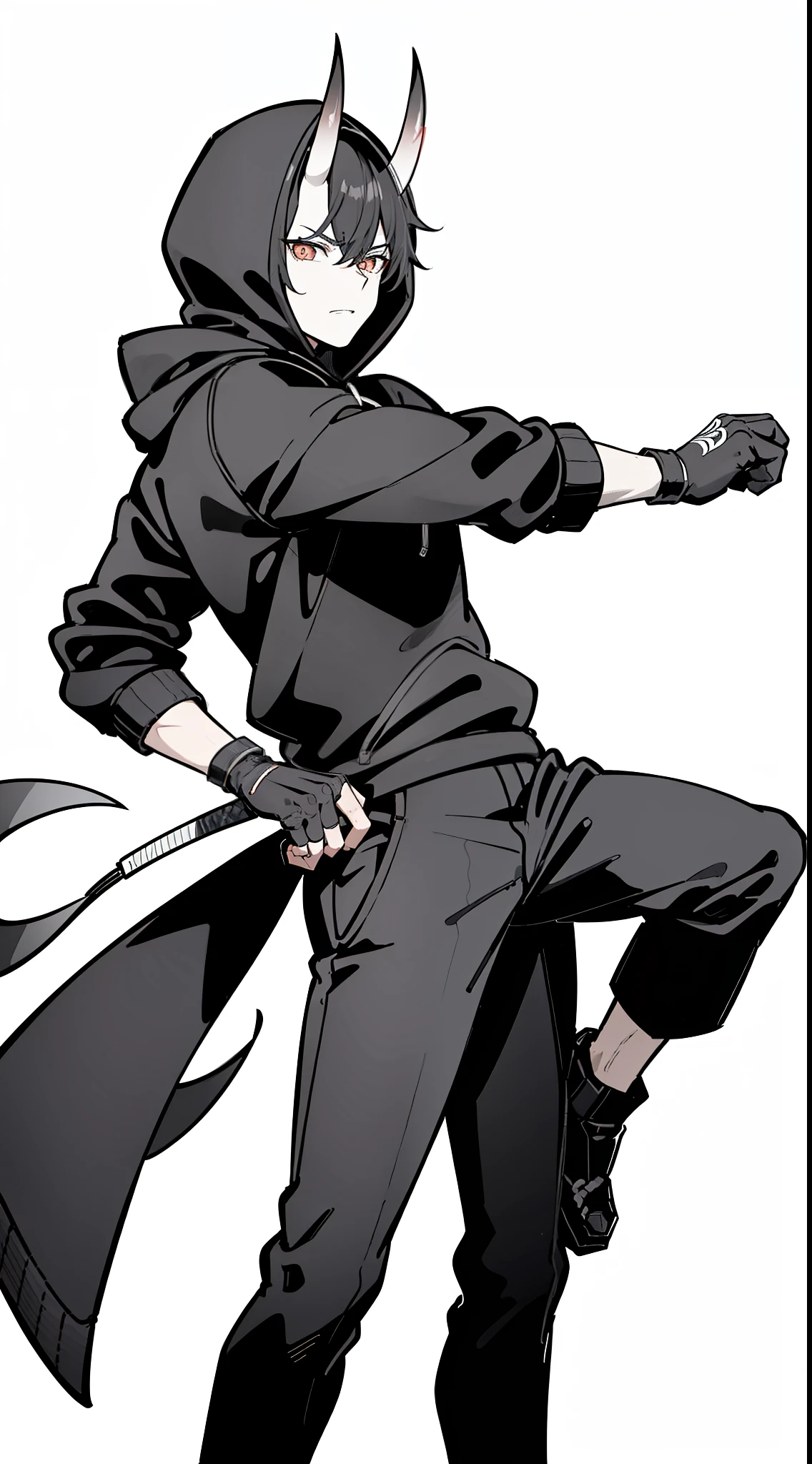 (1oni boy,20s,mature male),solo,black hair,oni horns,angry,((black sweatshirt,black pants,black gloves,hooded))),cowboy shot,(white background,line drawing),standing