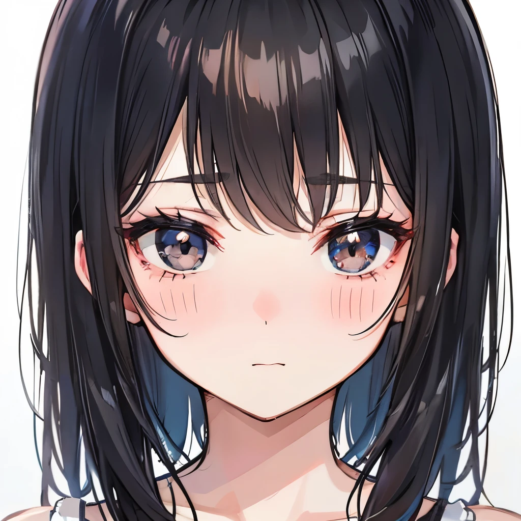 A girly girl, childish, bangs, black hair, black eyes, pretty face, face close up, face picture, shy, blushing