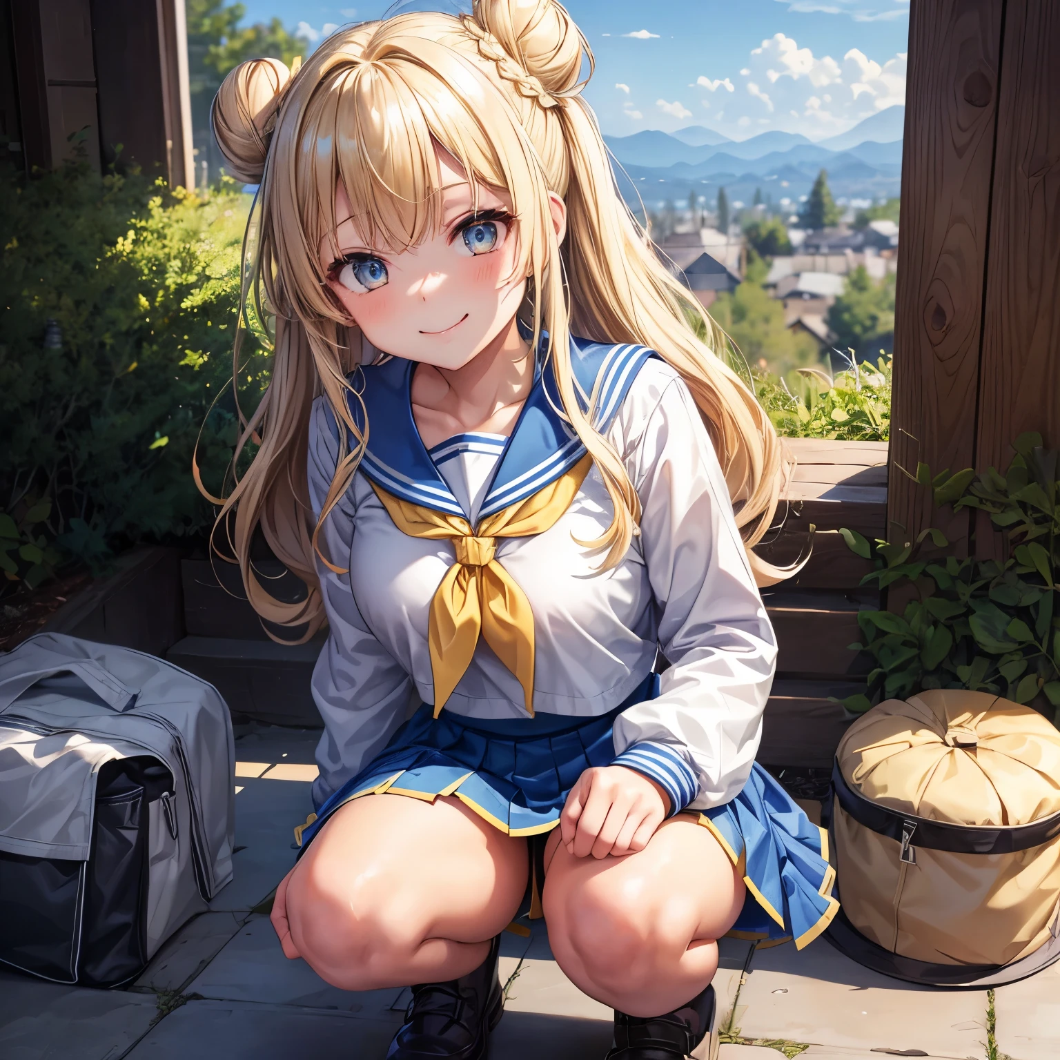Himikotoganova, (1 girl, alone), (perfect eyes), blonde hair, double bun, messy hair, bangs, yellow eyes, serafuku, bags under eyes, smile, blue skirt, long sleeve, looking at the viewer, put one's hand in one's pocket, red neckerchief, double piece,squatting down