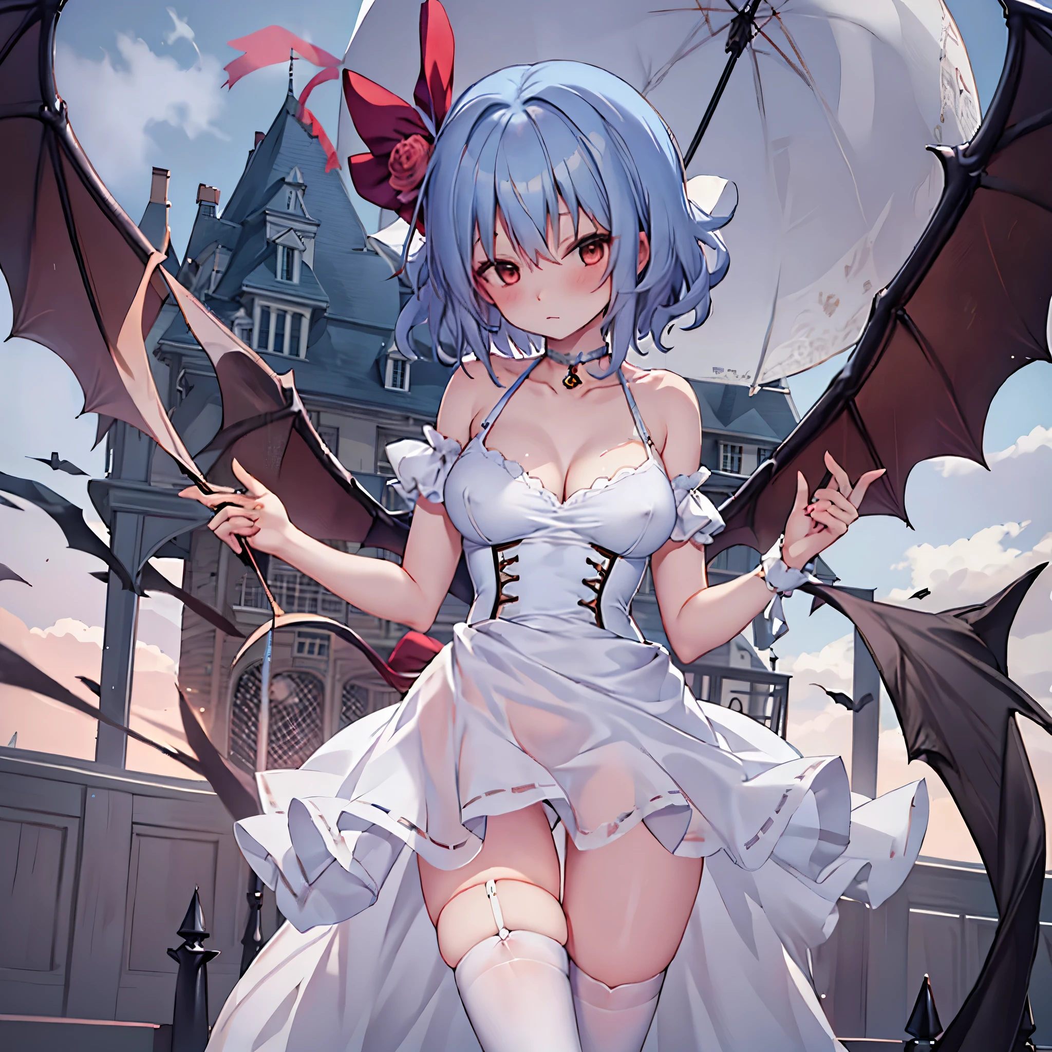 Remilia toho character, (solo), (standing on deck of mansion:1.1), a full moon, BREAK, collarbone, large perky breasts, (cleavage), (inconceivably thin waist), (very short thin torso:1.2), very long thin legs, thigh gap, BREAK, white dress with (plunging neckline), (brown wiry corset cinches waist too tight:1.4), (too short white miniskirt), (light blue thighhighs), BREAK, nose blush