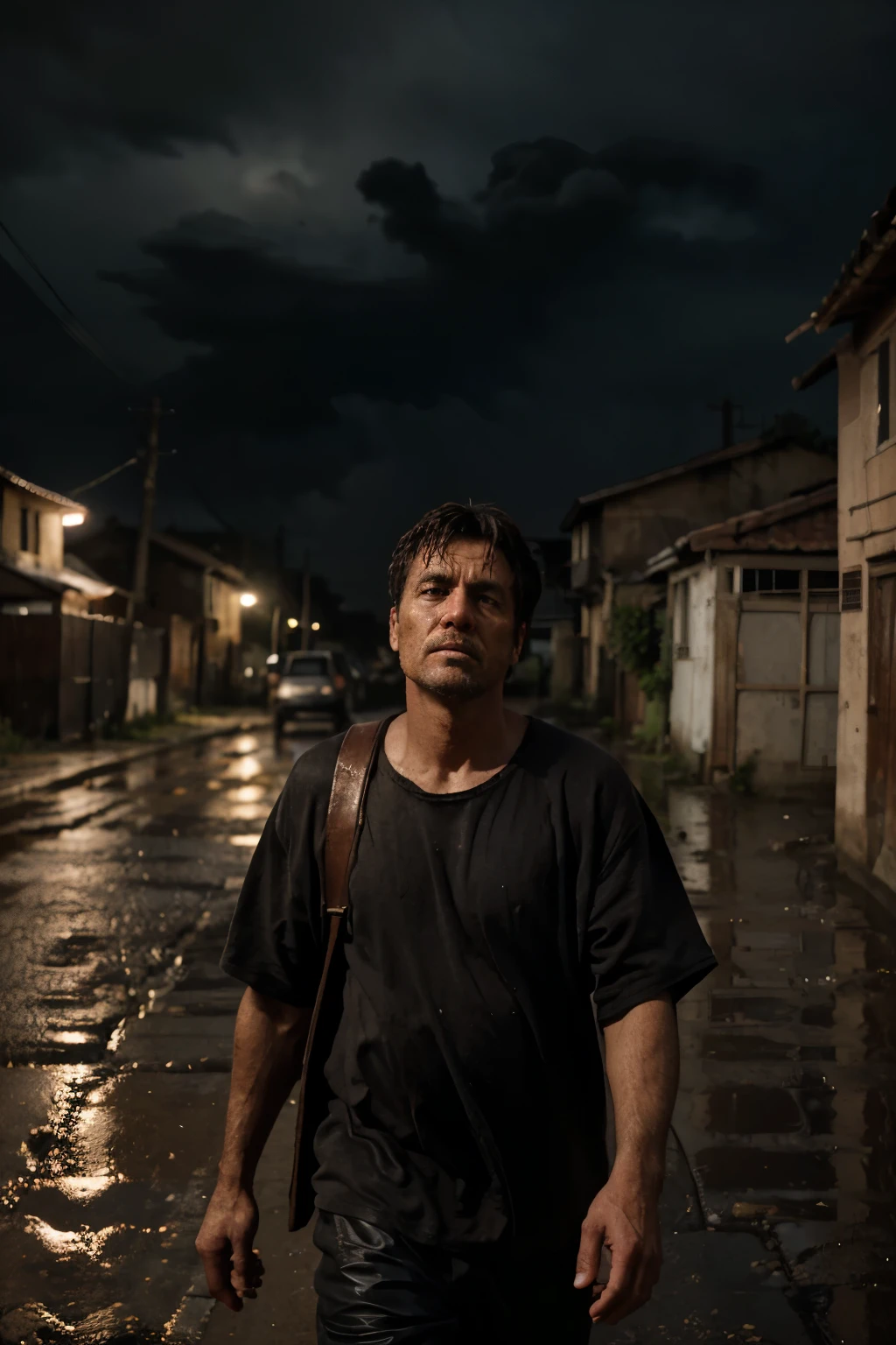 Front view weak man looking up with tired face. in old clothes carrying a large heavy bag with his hands on his back walking on a dirt street with a backdrop of old and poor houses. dark atmosphere black and red clouds, lots of rain. 8k ultra realistic image