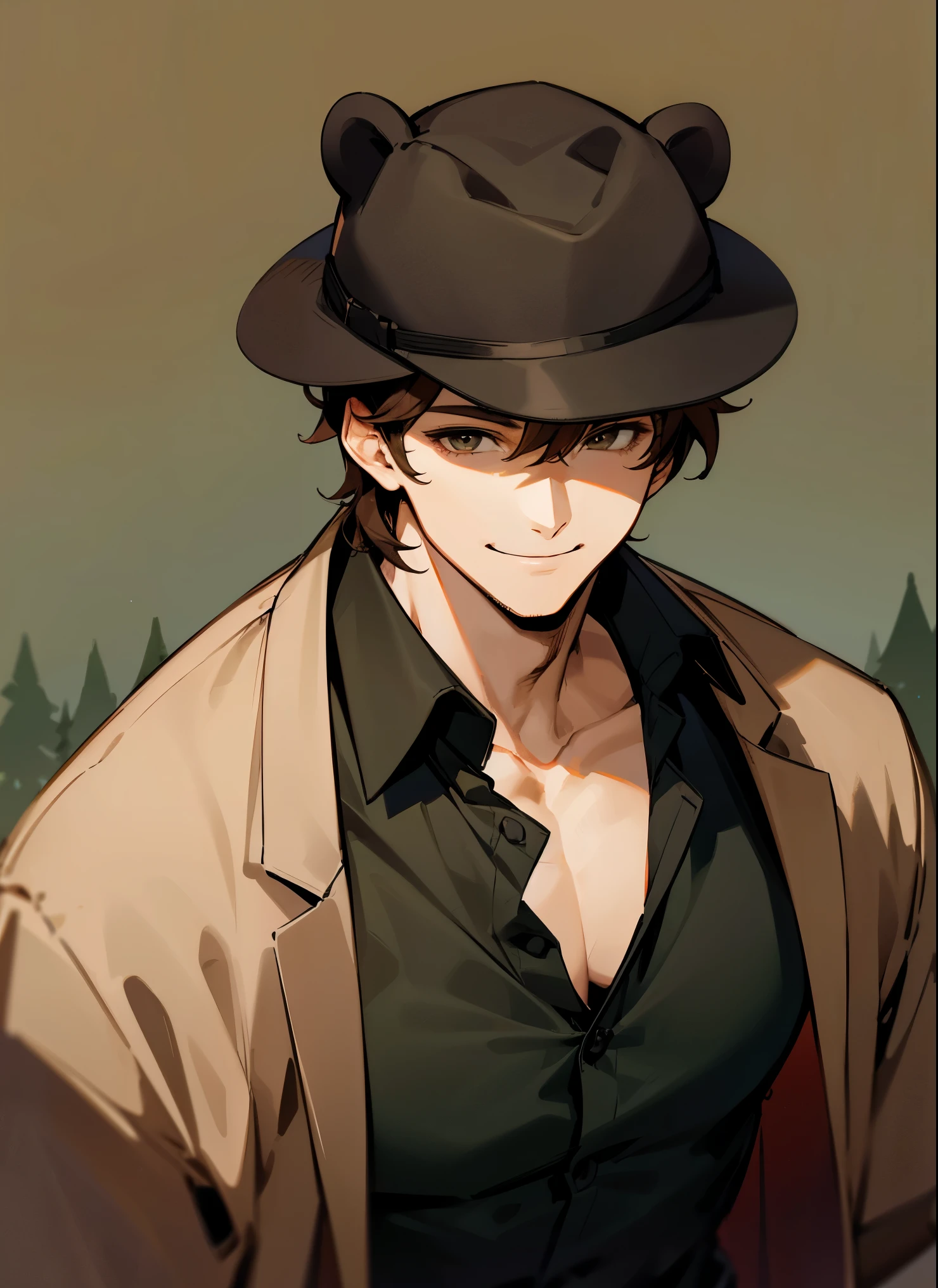 1male , Adult Male , Black Fedora Hat , Brown Hair , Chill Smile ,Brown Bear Ears on head , Brown Hair , Unbuttoned collared shirt , casual clothing , forest background