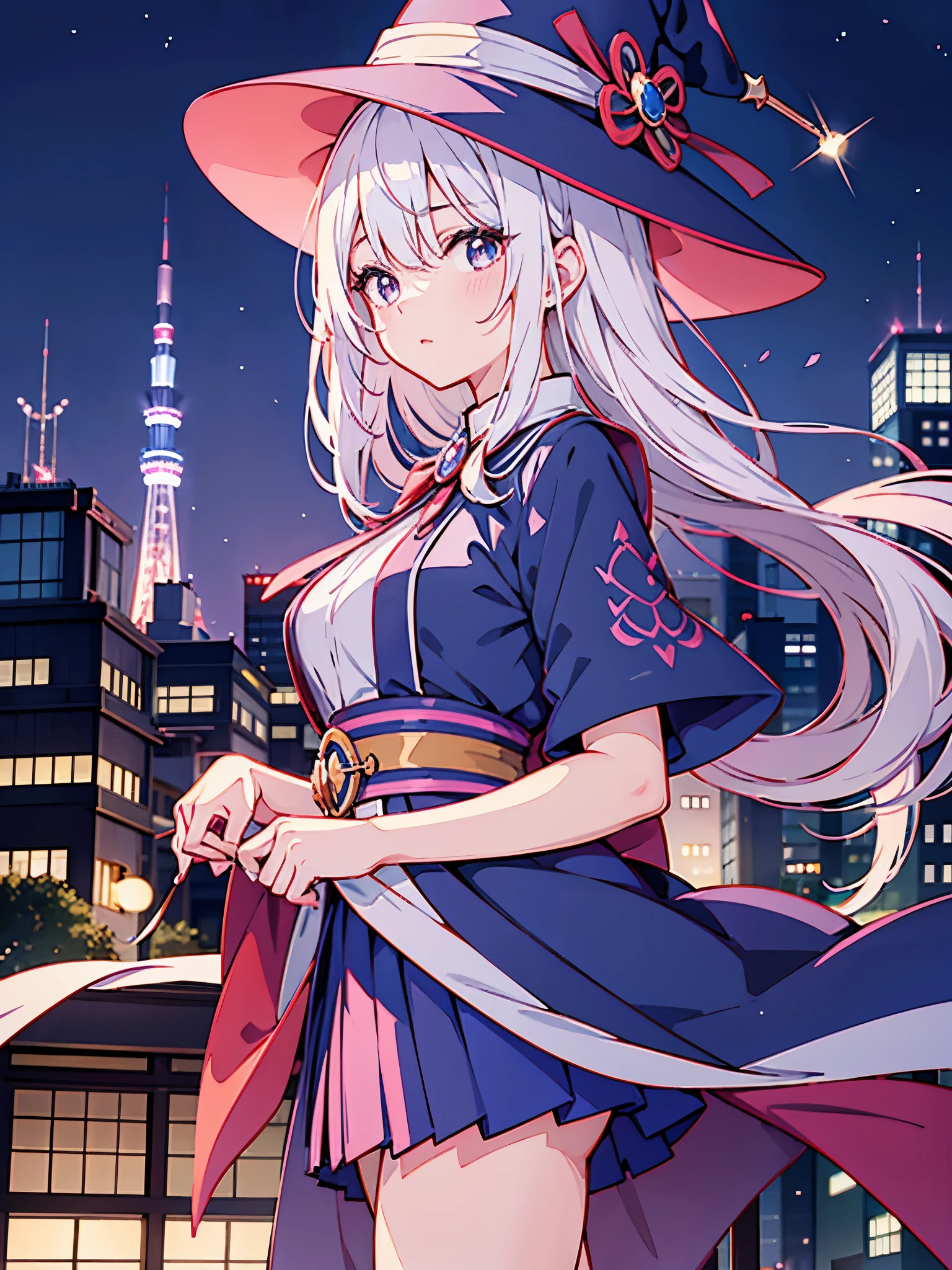 magician girl、She wears a large witch's hat with sapphire accessories、I am wearing a prefectural high school uniform.、I have white hair、Japan anime-style illustration、Looks like it was drawn by a Japanese illustrator、I'm on a rooftop in Tokyo late at night、glitter in the background々You can see multiple buildings glowing with、