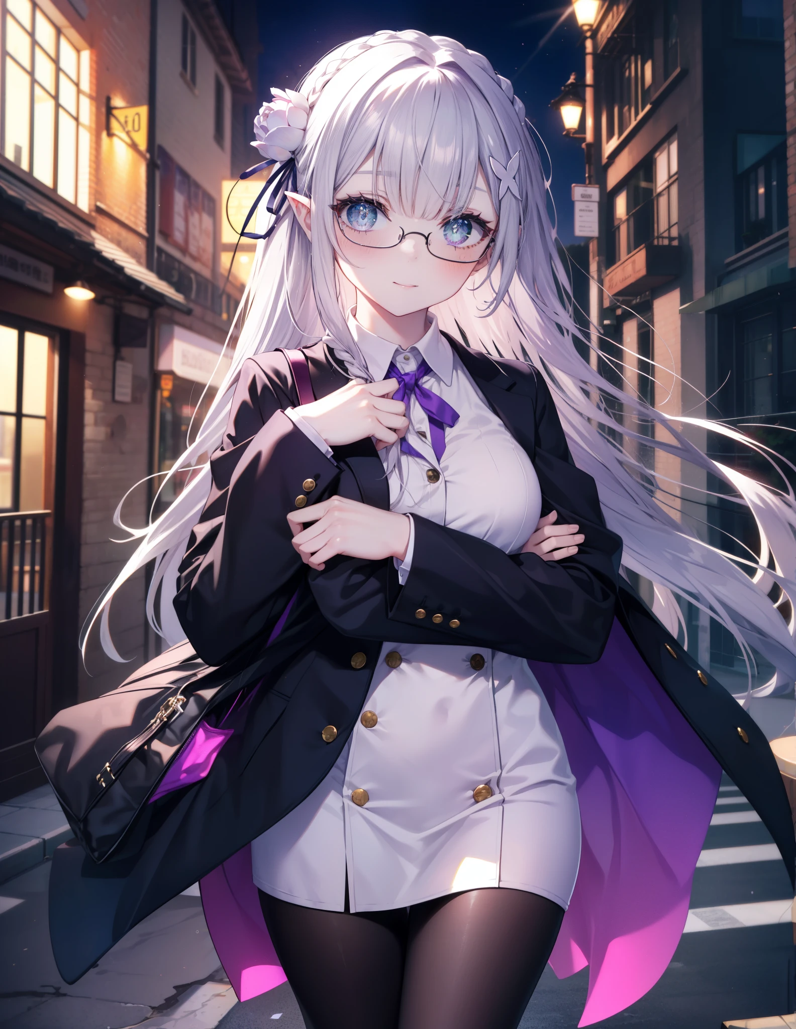 rezeroemilia, emilia, Braid, crown Braid, flower, hair flower, hair ornaments, hair ribbon, long hair, headlock, (purple eyes:1.2), pointed ears, white flower, x hair ornaments, close your mouth,red glasses, Fundo, black suit jacket, collared jacket, white dress shirt, collared shirt, neckline, button, strap, ID card on neck, black pencil skirt, black pantyhose stiletto heels,business bag,blush,smile,morning,morning陽
break outdoors,building street,街中
break looking at viewer, (cowboy shot:1.5),
break (masterpiece:1.2), highest quality, High resolution, unity 8k w all paper, (shape:0.8), (beautiful and detailed eyes:1.6), highly detailed face, perfect lighting, Very detailed CG, (perfect hands, perfect anatomy),