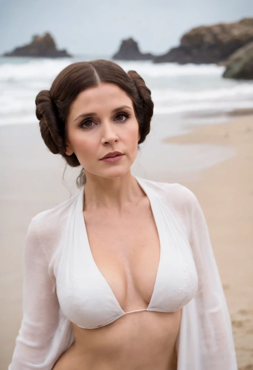 naked Princess Leia on the beach, uncovered breast, huge tits,