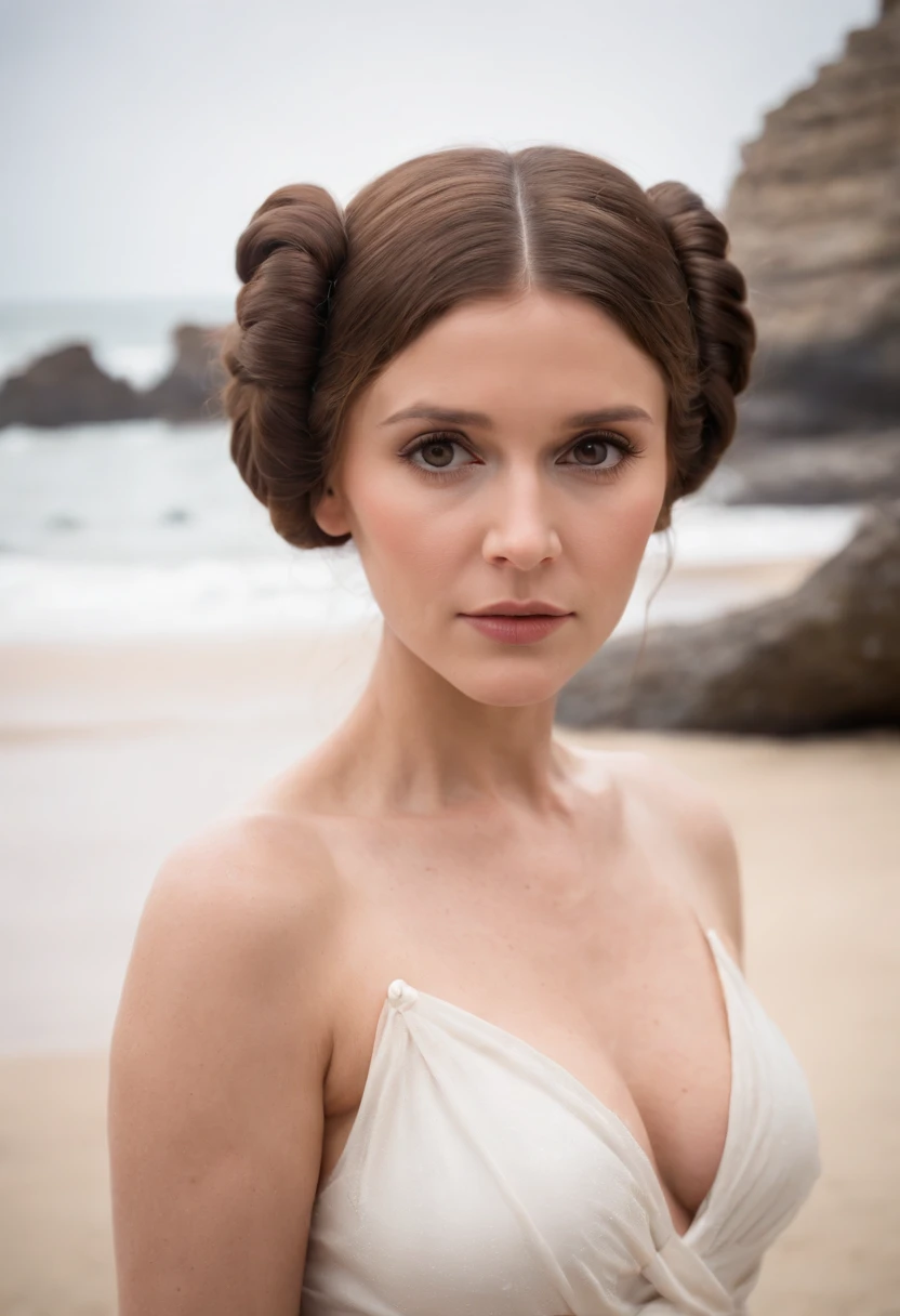 naked Princess Leia on the beach, uncovered breast, huge tits,