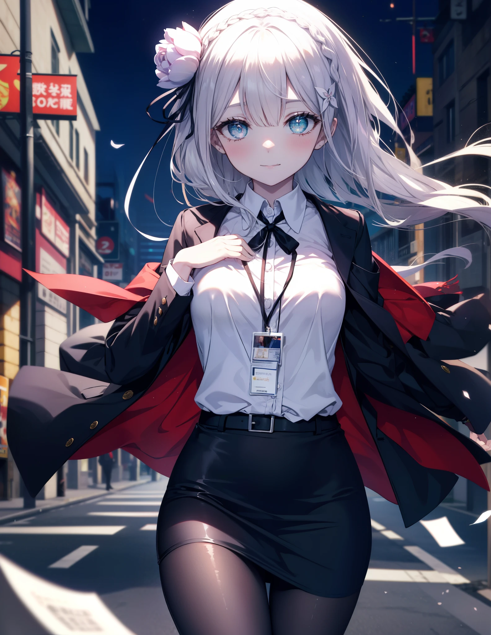rezeroemilia, emilia, Braid, crown Braid, flower, hair flower, hair ornaments, hair ribbon, long hair, headlock, purple eyes, pointed ears, white flower, x hair ornaments, close your mouth,red glasses, Fundo, black suit jacket, collared jacket, white dress shirt, collared shirt, neckline, button, strap, ID card on neck, black pencil skirt, black pantyhose stiletto heels,business bag,blush,smile,morning,morning陽
break outdoors,building street,街中
break looking at viewer, (cowboy shot:1.5),
break (masterpiece:1.2), highest quality, High resolution, unity 8k w all paper, (shape:0.8), (beautiful and detailed eyes:1.6), highly detailed face, perfect lighting, Very detailed CG, (perfect hands, perfect anatomy),