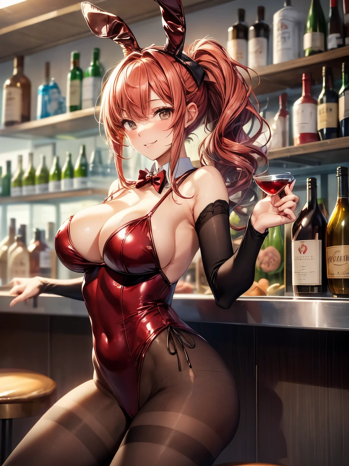highest quality、complete limbs、full finger、a beautiful human woman、(red hair woman:1.3)、medium hair woman、ponytail、big breasted woman、bare hands、bunny girl costume、(Woman in red bunny girl leotard:1.3)、(woman wearing brown pantyhose:1.3)、Red bow tie、Red Bunny Girl Katyusha、stylish bar、Wine is lined up on the liquor shelf、bar counter、big smile、sexy pose