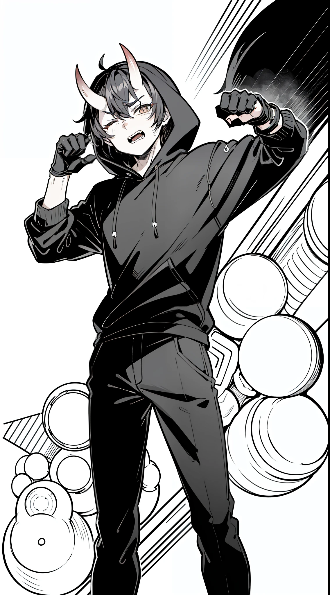 (1oni boy,20s,mature male),solo,black hair,oni horns,((angry)),((black sweatshirt,black pants,black gloves,hooded))),cowboy shot,(white background,line drawing),standing,open mouth,pain,((one eye closed))