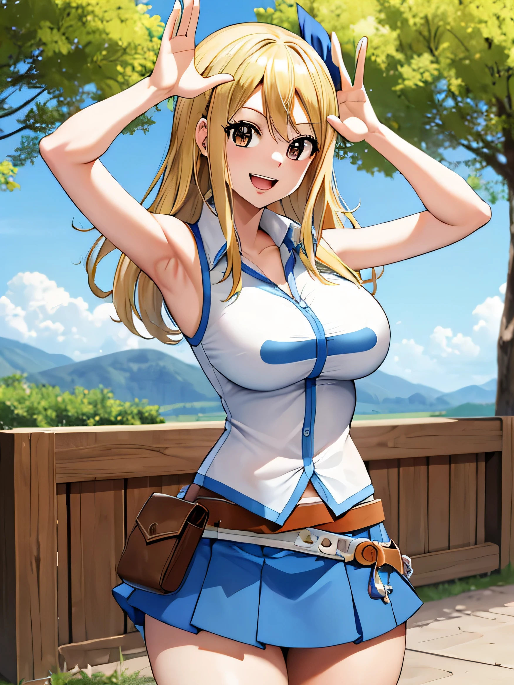 masterpiece, best quality, highres, lucy heartfilia, blonde hair, long hair, large breasts, white shirt, sleeveless, belt, blue skirt, cowboy shot, standing, looking at viewer, outdoors, waving, smile, open mouth,