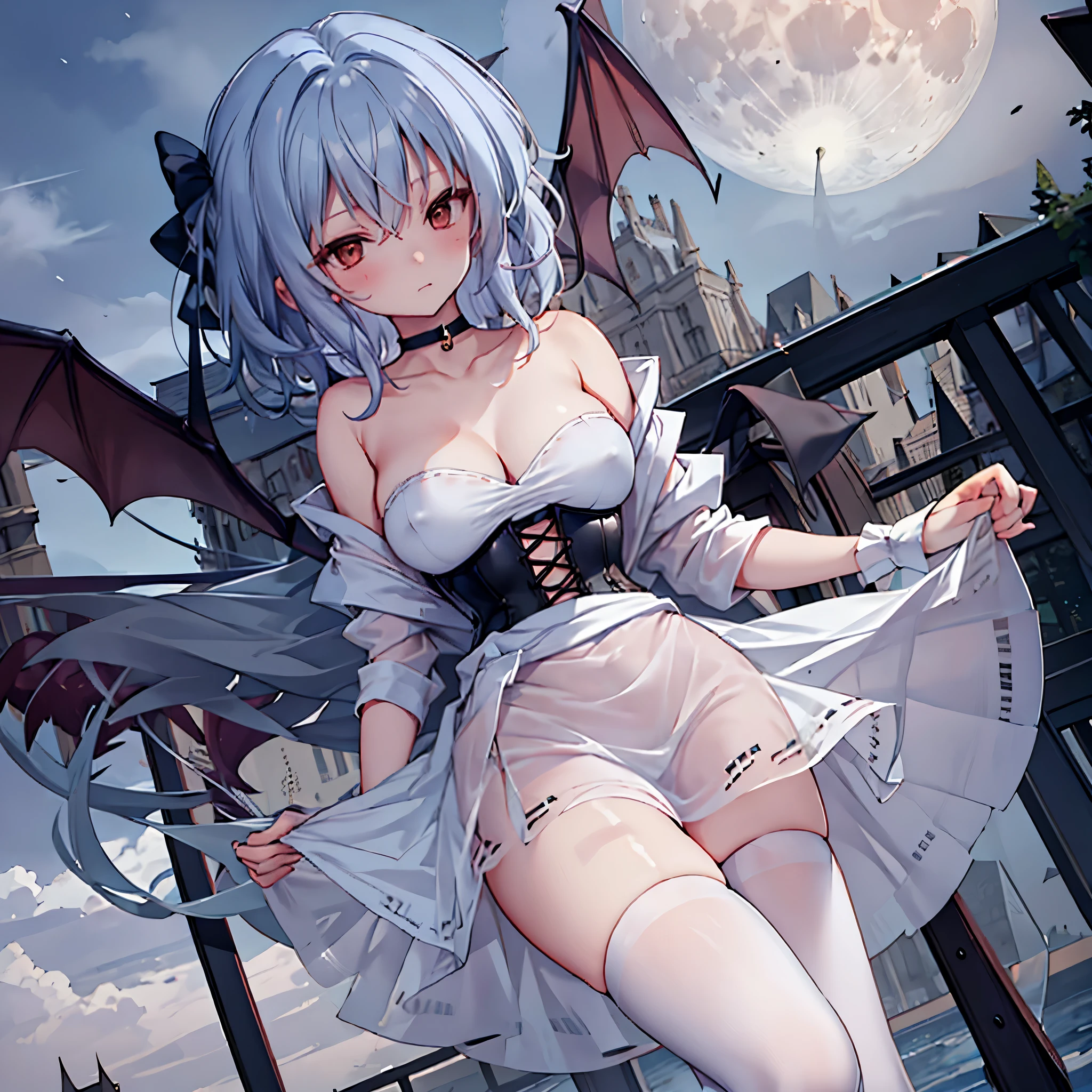 Remilia toho character, (solo), (standing on deck of mansion:1.1), a full moon, BREAK, collarbone, large perky breasts, (cleavage), (inconceivably thin waist:1.2), (very short thin torso:1.2), very long thin legs, thigh gap, BREAK, white dress with (plunging neckline), (brown wiry corset cinches waist too tight:1.4), (too short white miniskirt), (light blue thighhighs), BREAK, nose blush