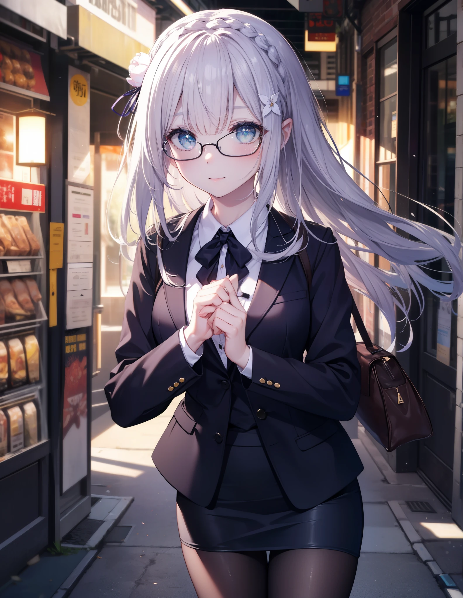 rezeroemilia, emilia, Braid, crown Braid, flower, hair flower, hair ornaments, hair ribbon, long hair, headlock, purple eyes, pointed ears, white flower, x hair ornaments, close your mouth,red glasses, Fundo, black suit jacket, collared jacket, white dress shirt, collared shirt, neckline, button, strap, ID card on neck, black pencil skirt, black pantyhose stiletto heels,business bag,blush,smile,morning,morning陽
break outdoors,building street,街中
break looking at viewer, (cowboy shot:1.5),
break (masterpiece:1.2), highest quality, High resolution, unity 8k w all paper, (shape:0.8), (beautiful and detailed eyes:1.6), highly detailed face, perfect lighting, Very detailed CG, (perfect hands, perfect anatomy),