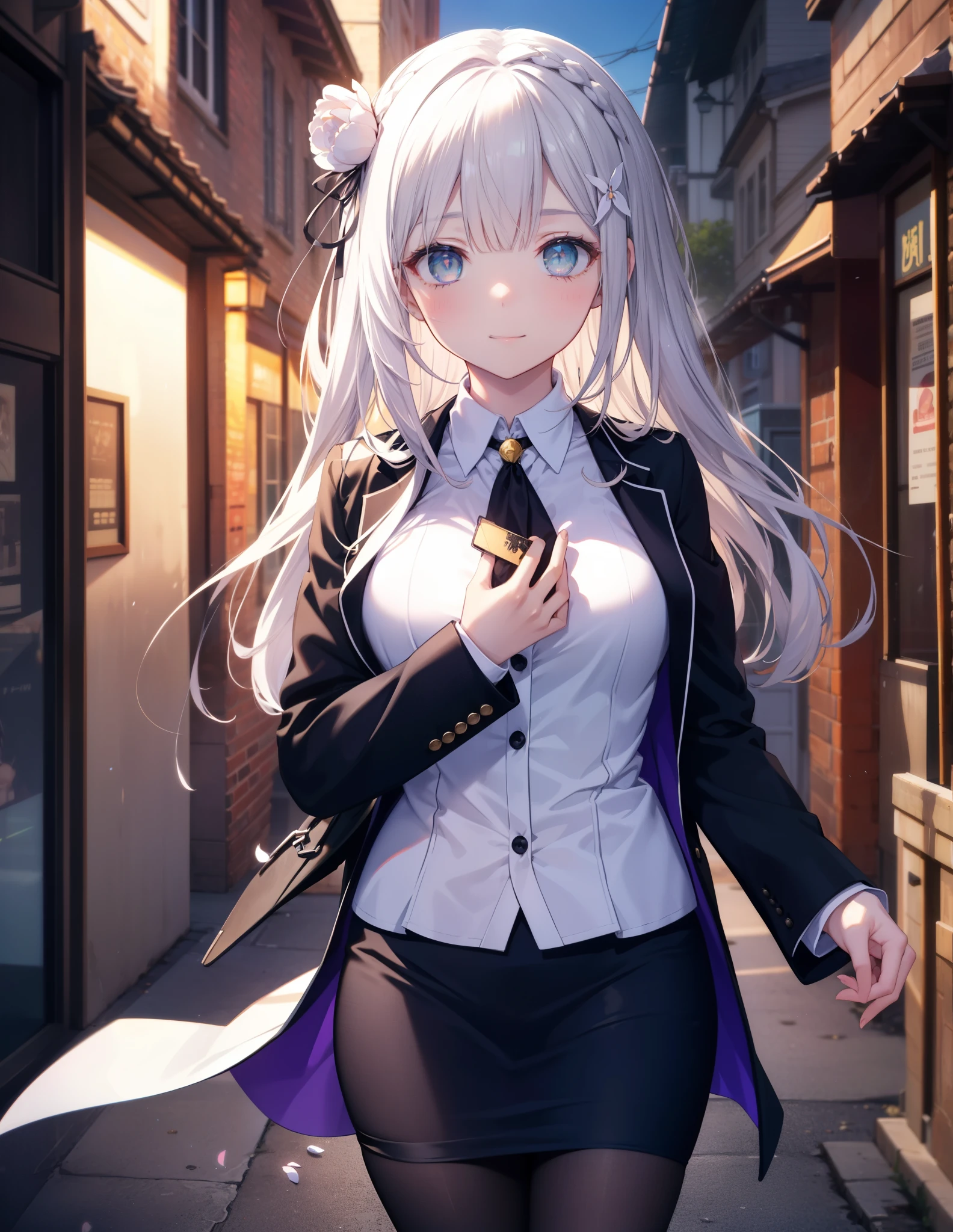 rezeroemilia, emilia, Braid, crown Braid, flower, hair flower, hair ornaments, hair ribbon, long hair, headlock, purple eyes, pointed ears, white flower, x hair ornaments, close your mouth,red glasses, Fundo, black suit jacket, collared jacket, white dress shirt, collared shirt, neckline, button, strap, ID card on neck, black pencil skirt, black pantyhose stiletto heels,business bag,blush,smile,morning,morning陽
break outdoors,building street,街中
break looking at viewer, (cowboy shot:1.5),
break (masterpiece:1.2), highest quality, High resolution, unity 8k w all paper, (shape:0.8), (beautiful and detailed eyes:1.6), highly detailed face, perfect lighting, Very detailed CG, (perfect hands, perfect anatomy),