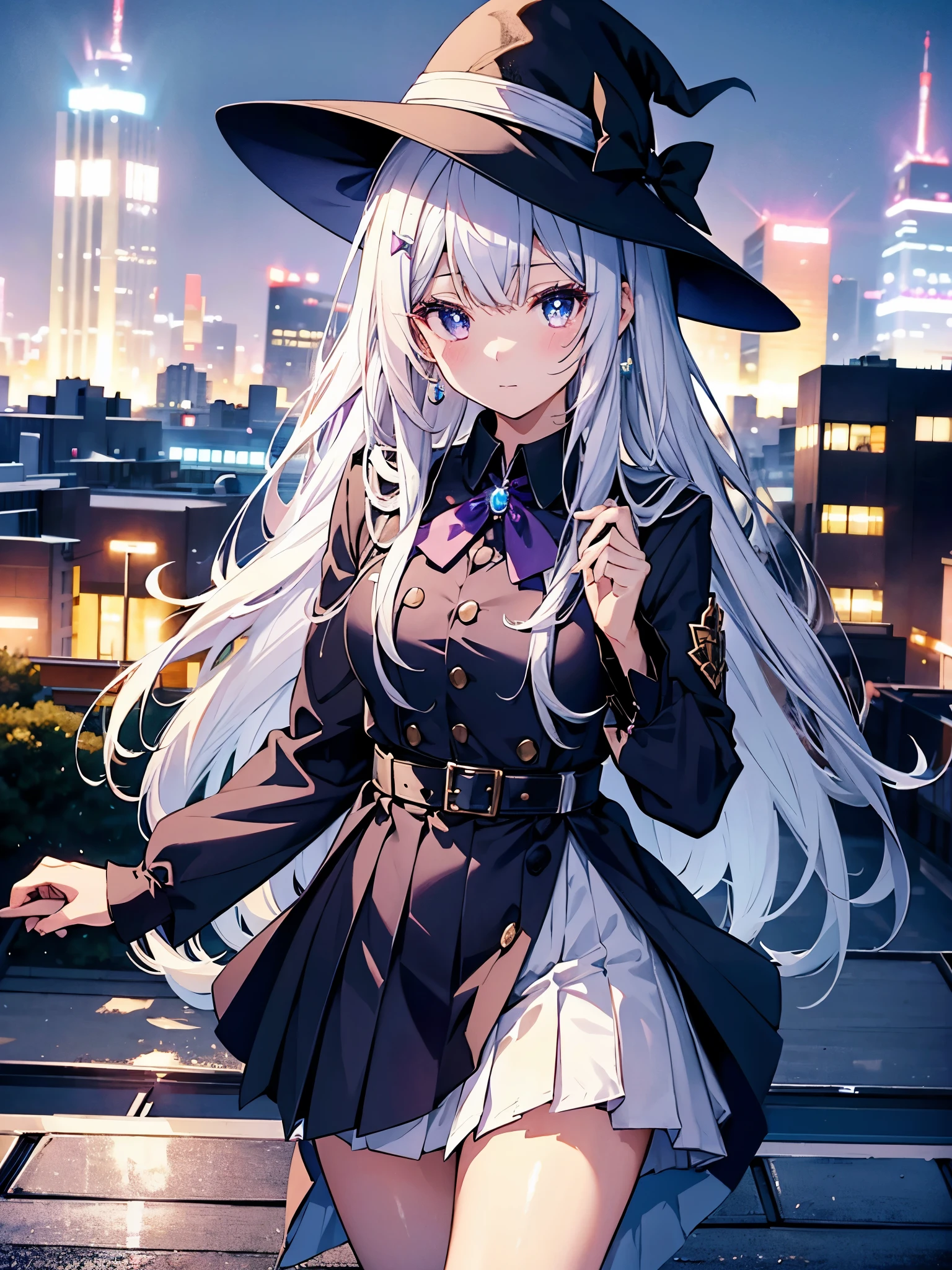 magical high school girl、She wears a large witch's hat with sapphire accessories、She is wearing a prefectural high school uniform、she has white hair、I'm on a rooftop in Tokyo late at night、glitter in the background々You can see multiple buildings glowing with、