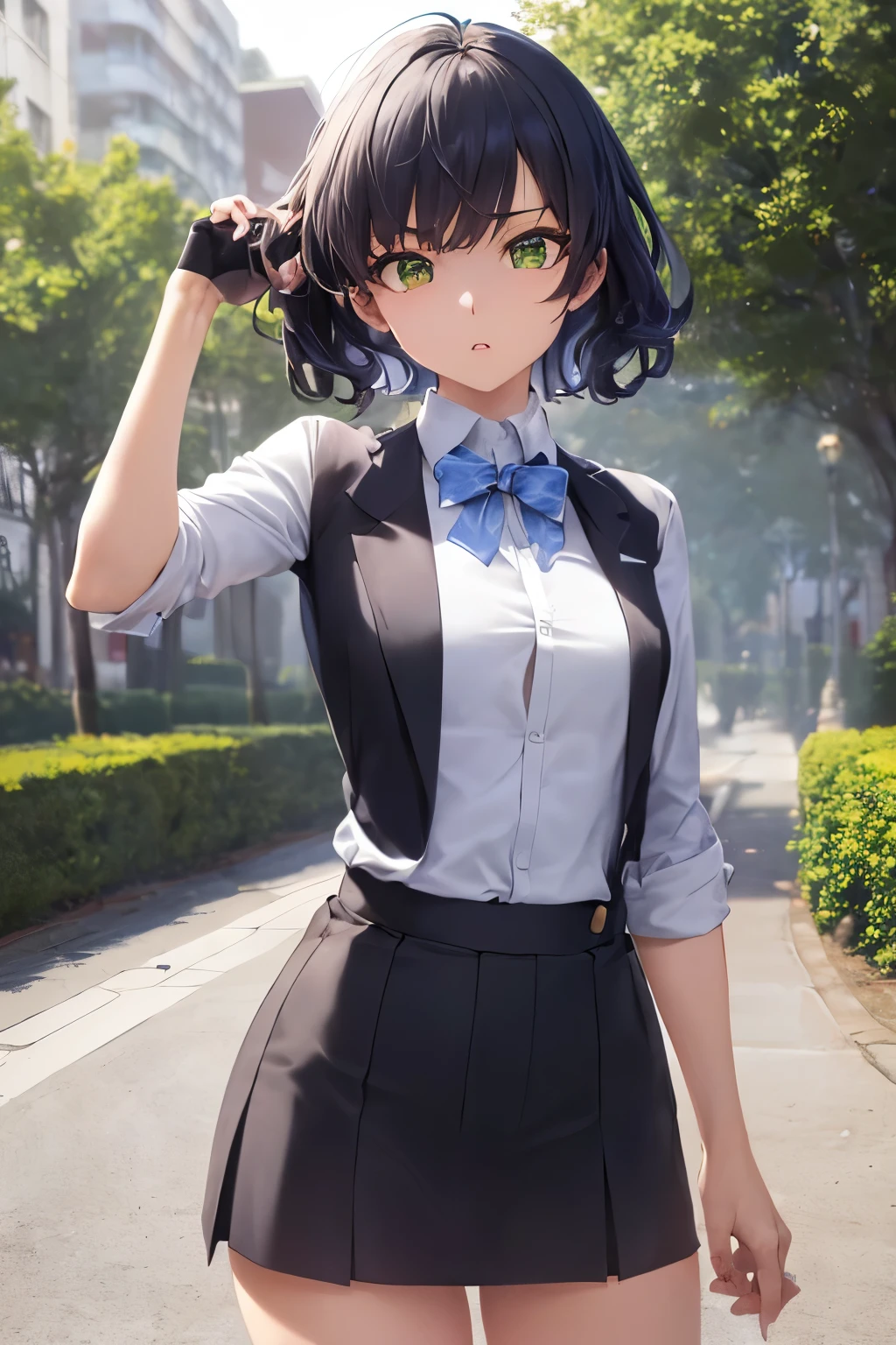 ((obra maestra, Mejor calidad, altas resoluciones, HD, pixel perfect, profundidad de campo, 4k, RTX, HDR))), 1 chica, soltero, solo, hermosa chica anime, hermoso estilo de arte, personaje animado, ( (Cabello verde agua atado en dos coletas.)), ((grandes ojos verde agua:1.4, ojos detallados, ojos bonitos, ojos perfectos, curled eyelashes, Ojos realistas)), ((cara detallada, Rubor:1.2)), ((textura suave:0.75, textura realista:0.5, estilo anime cg)), pechos medianos, dynamic angle, tetona, Cuerpo perfecto, dynamic pose, ((Corbata azul claro, camisa gris sin mangas, mangas en forma de cono separadas de la camisa negra con detalles en azul claro, minifalda negra con detalles celestes, con una especie de "Correa" That hooks from the skirt from front to back.)), Ellos sonrien, boca abierta, Brazos a la espalda , inclinado hacia adelante, parque de atracciones, ((cerca, tirar, lindo, disparar en la cara))