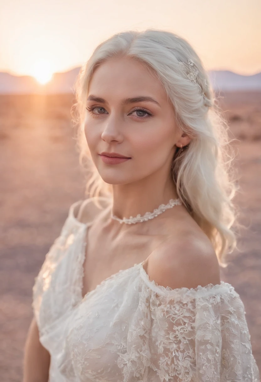 1girl, Meisterwerk, Extremely detailed, (beautiful detailed shine), Linseneffekt, white hair, kurzes Haar, Schwebendes Haar, Look back, Hinten hinten, Smile, blaue Augen, White dress, medium breasts, upper body, Weitwinkelaufnahme, Strohhut, ((Salar de Uyuni)), Sonnenaufgang, Wolken, Hintergrundbeleuchtung, lila Himmel, gelber Himmel, Farbverlauf-Himmel, Hands-on-Hut