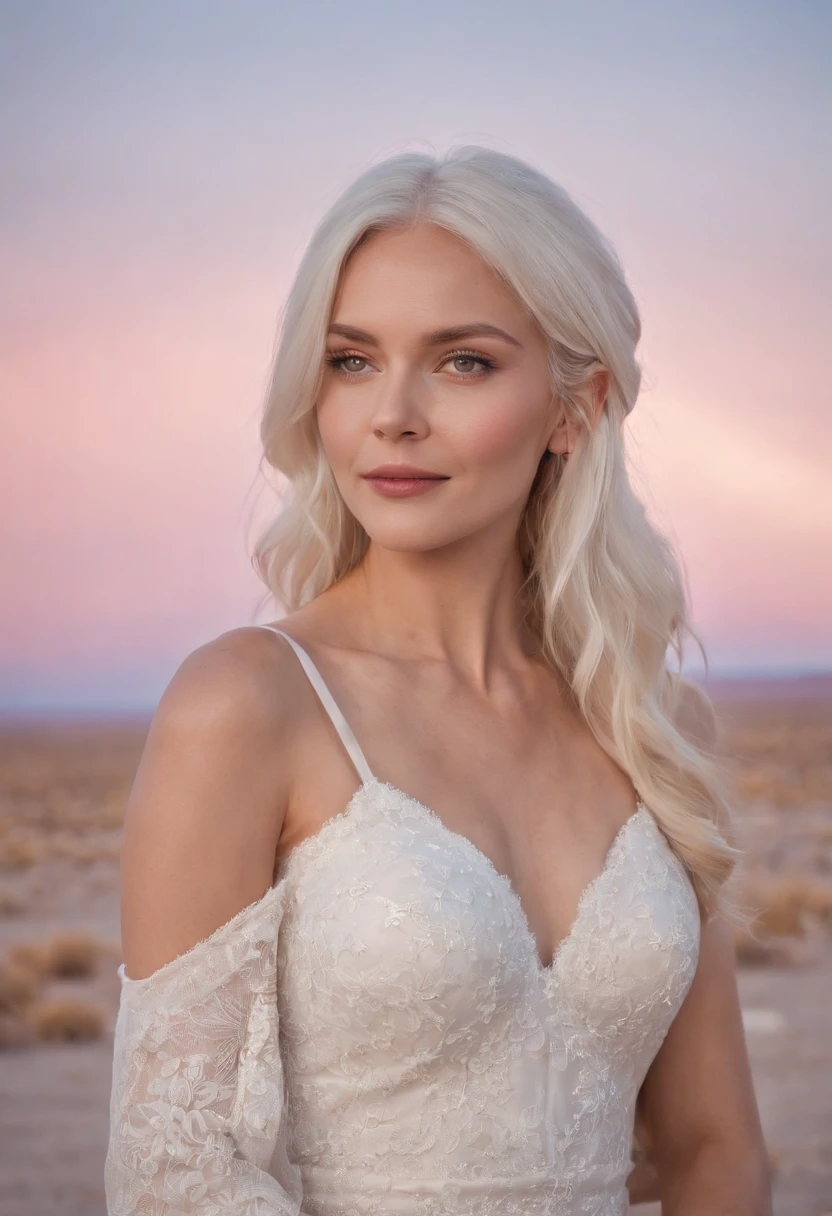 1girl, Meisterwerk, Extremely detailed, (beautiful detailed shine), Linseneffekt, white hair, kurzes Haar, Schwebendes Haar, Look back, Hinten hinten, Smile, blaue Augen, White dress, medium breasts, upper body, Weitwinkelaufnahme, Strohhut, ((Salar de Uyuni)), Sonnenaufgang, Wolken, Hintergrundbeleuchtung, lila Himmel, gelber Himmel, Farbverlauf-Himmel, Hands-on-Hut