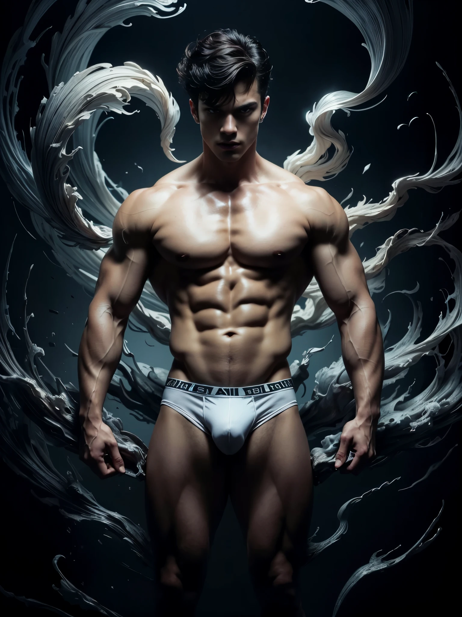 Photorealistic, ((best quality)), ((masterpiece)), (detailed),(full body shot:1.4) masculine portrait of young vampire, 18-year-old male models, handsome, tall, cute looking, evil look, dark look, powerful, young male, handsome model, clean shave, silver eyes, white pale skin, short curly messy brown hair, messy curly hair, short hair, super strong, muscular, fit, massive muscles, six pack, shirtless, barechested, half-naked, topless, muscle, ripped, strong body, fit body, great chest, amazing arms, evil fangs:, tight underwear, tight boxer-briefs, dark castle background, Dark background:, 8k, high detailed, ultra-detailed, Stylish Pose, real skin texture, dark cinematic lighting
