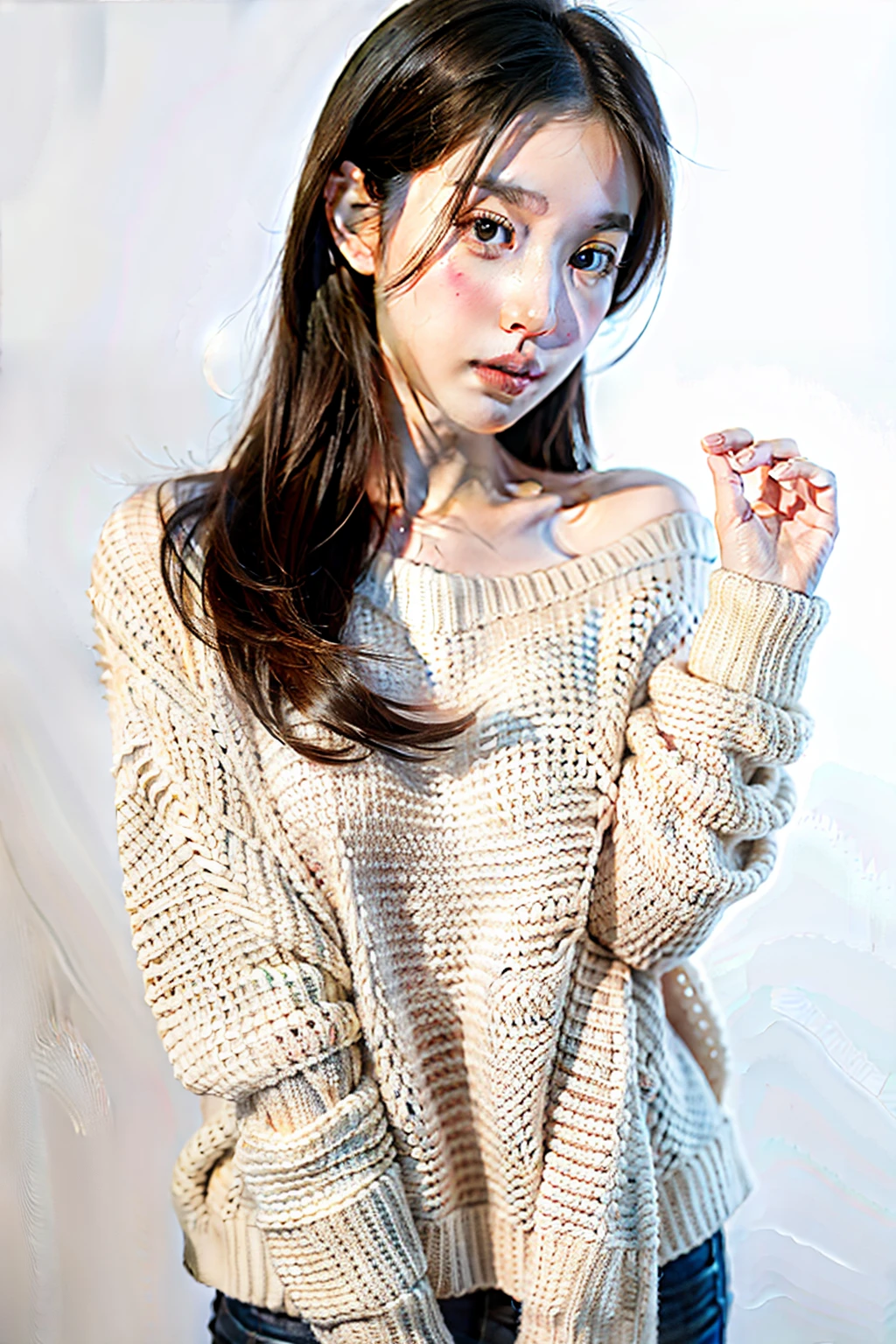 1 girl,sweater,white background,