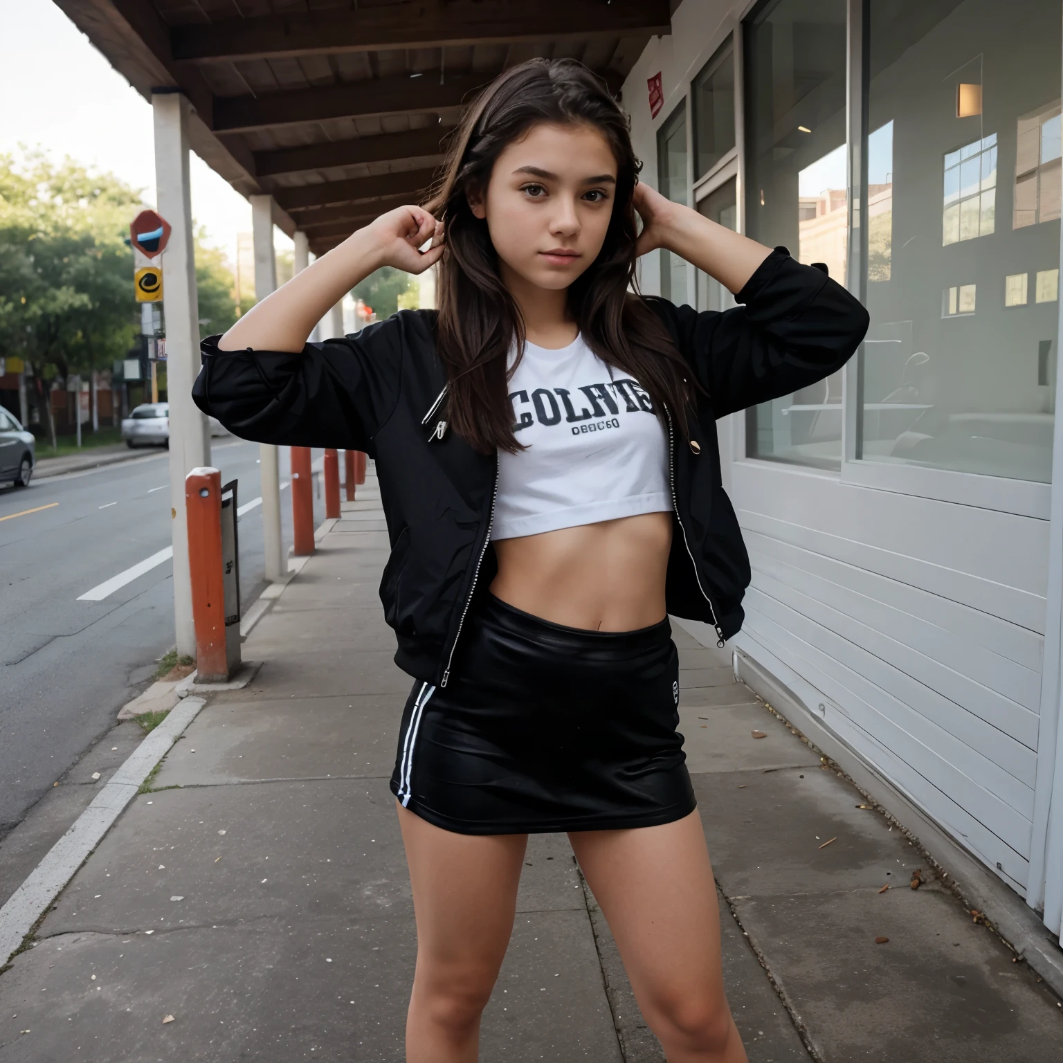 Greta Thunberg, short shorts, sports bra, (Modelshoot style), ultra realistic, (high detailed skin:1.2), 8k uhd, dslr, Dramatic Rim light, high quality, Fujifilm XT3, (eating a hot dog)