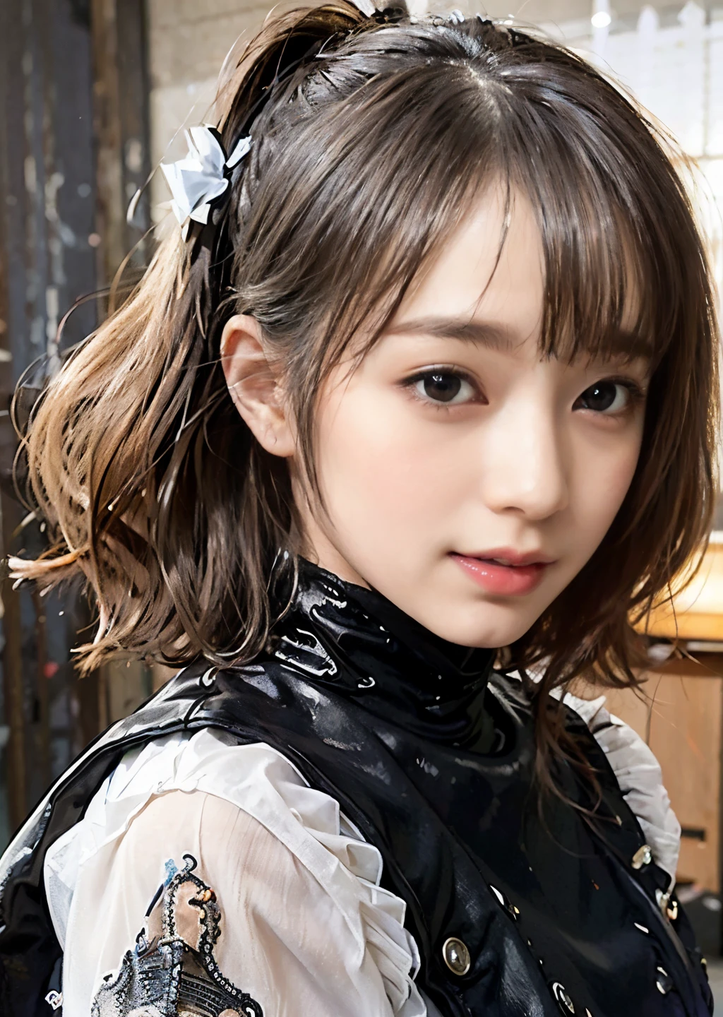 -yeld idShort Ponytail、Black Hair、Photographing Japanese people、Ultra reflective latex metallic silver nurse uniform、Smiling with teeth showing、Looking into the camera、Professional photography、Full body photo