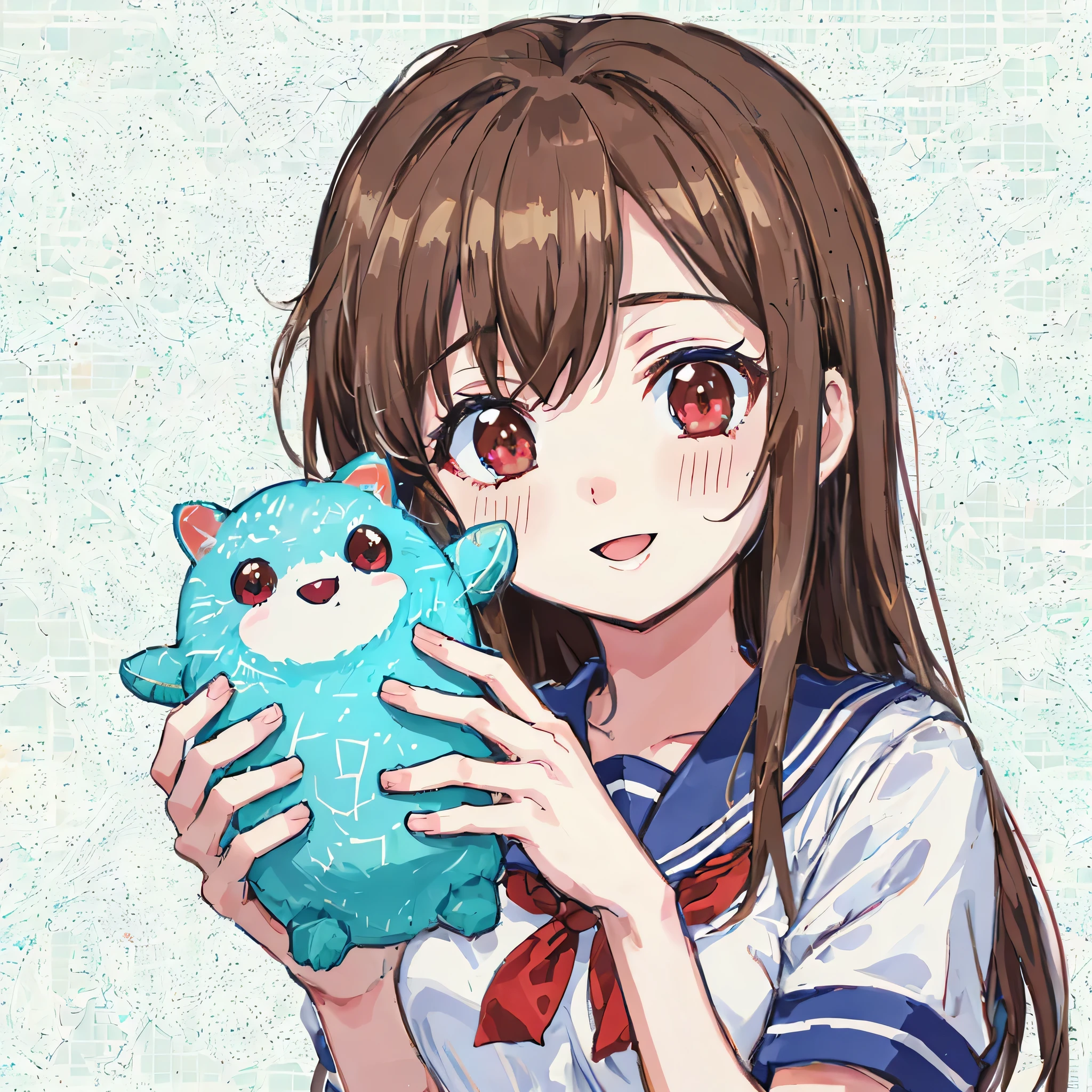 super detailed,masterpiece, highest quality,figure,sailor suit,slanted eyes,straight hair,brown hair,side part,super dense skin,beautiful and fine eyes,short sleeve shirt,red eyes,(medium breasts:1.1), (A raised and well-defined bust:1.1), (lifted chest:1.2), (perky chest :1.1),high School girl,please sit down,high socks,loafers,smile,School,blush,BREAK catch light eyes,stuffed animal black nose