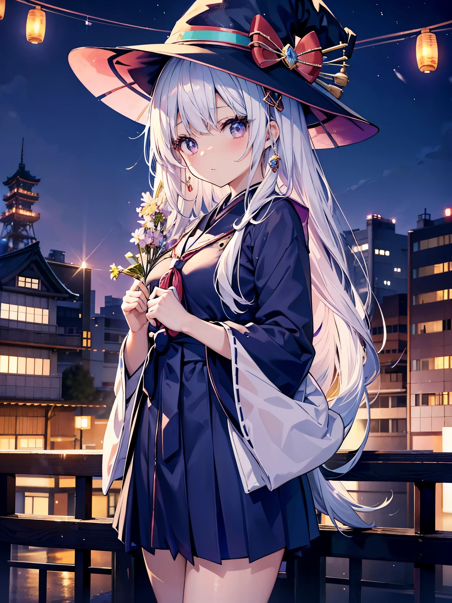 Japanese high school girl、She wears a large witch&#39;s hat with sapphire accessories、She wears her Japan high school uniform、she has white hair、I&#39;m on a rooftop in Tokyo late at night、glitter in the background々You can see multiple buildings glowing with、