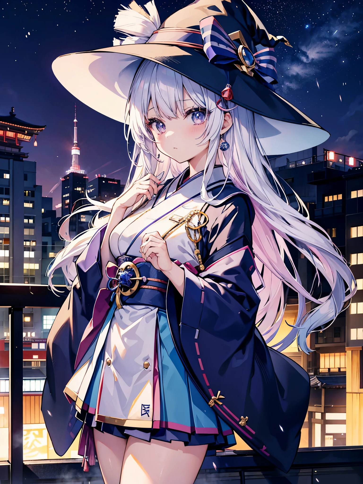 Japanese high school girl、She wears a large witch's hat with sapphire accessories、She wears her Japan high school uniform、she has white hair、I'm on a rooftop in Tokyo late at night、glitter in the background々You can see multiple buildings glowing with、