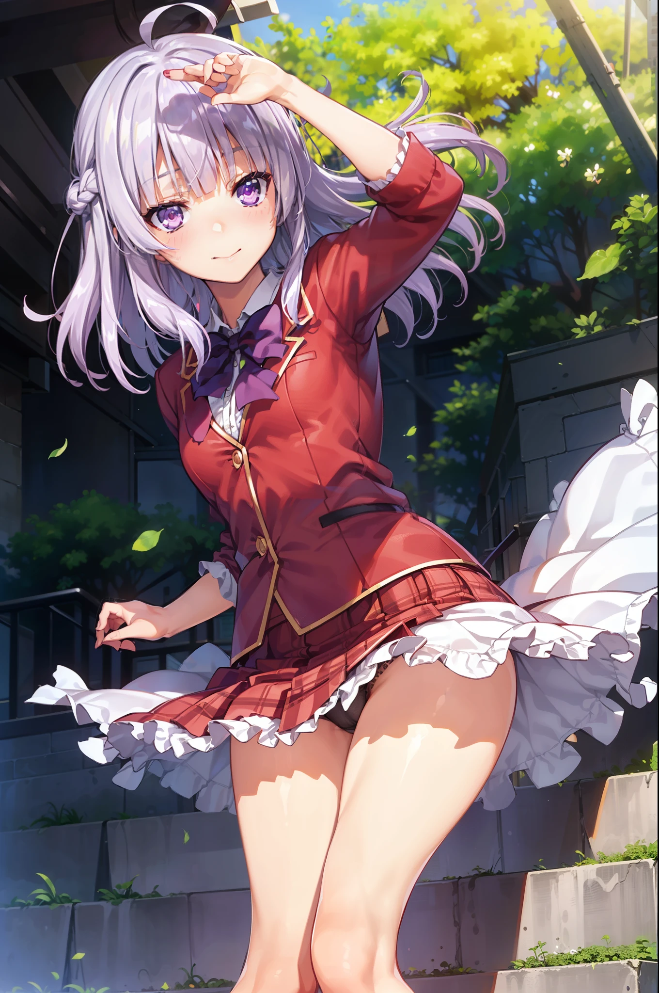 ((masutepiece, Best Quality, hight resolution, Perfect Pixel, 4K))), 1girl in, Single, Solo, Beautie、 ((Middle Wave Hair, Bangs, purple hair)), ((purple-eyed, Beautiful eyelashes, Realistic eyes)), ((Detailed face, Blushing:1.2)), ((Smooth texture:0.75, Realistic texture:0.65, Photorealistic:1.1, Anime CG style)), small breasts, Dynamic Angle, Perfect body, ((red bowtie, School uniform, White shirt, Black skirt, plaid skirts)), City staircase、Looking up from the bottom of the stairs、Very embarrassing panic smile, turned around、bending forward、(The wind flipped my skirt and exposed my butt........................、Touching the buttocks with both hands、Pink floral lace panties)、