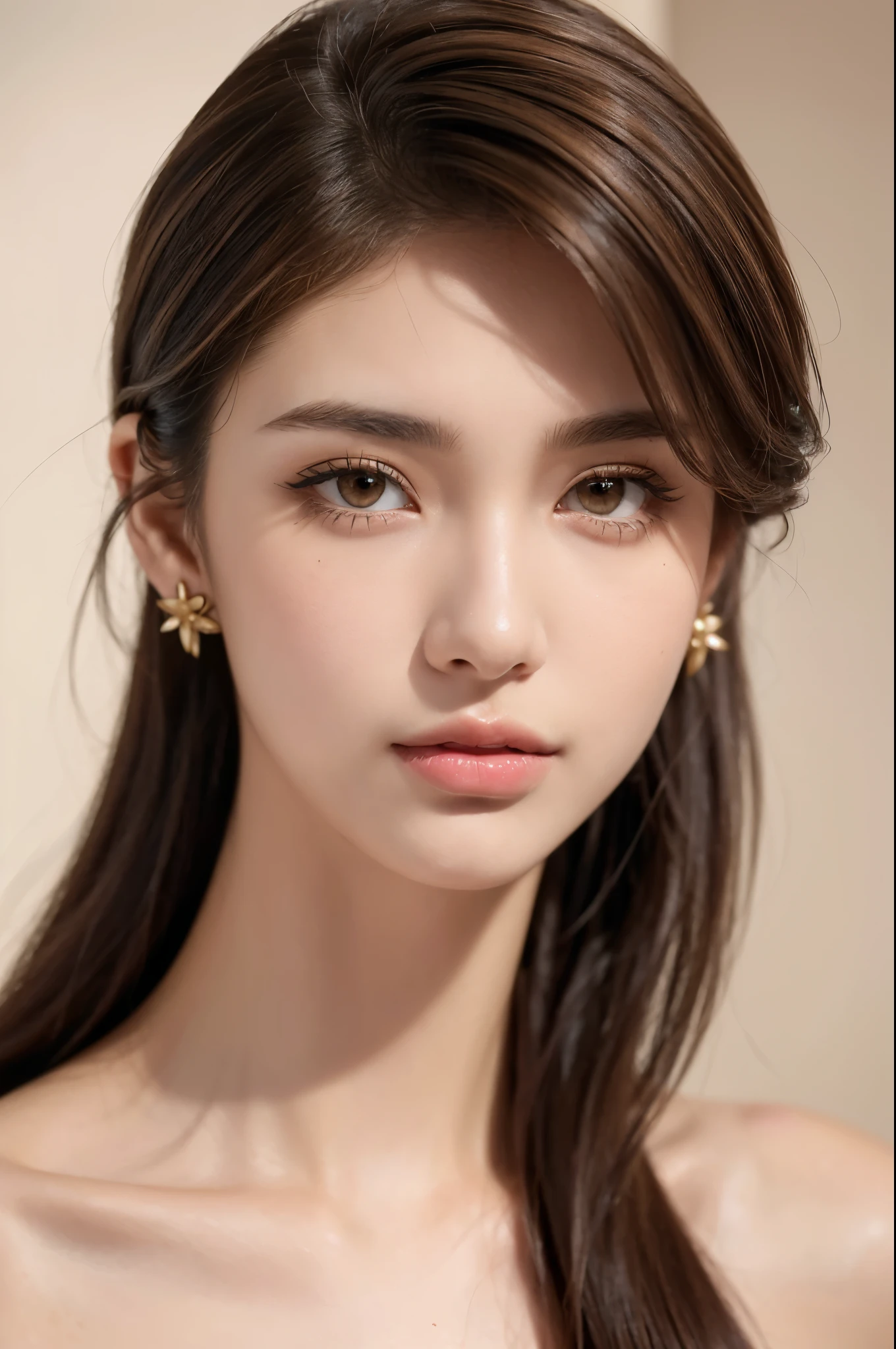 beautiful girl, brown_eyes, ((beautiful slim age girl 18 year old, hair color [Brown highlights hair], [undercut pixie] hair)), earrings, lips, realistic, narrow waist, charming, pink lipstick, colorful makeup, long eyelashes, earrings, wearing eyeliner, fair skin, (cute), (detailed face), detailed eyes, detailed iris