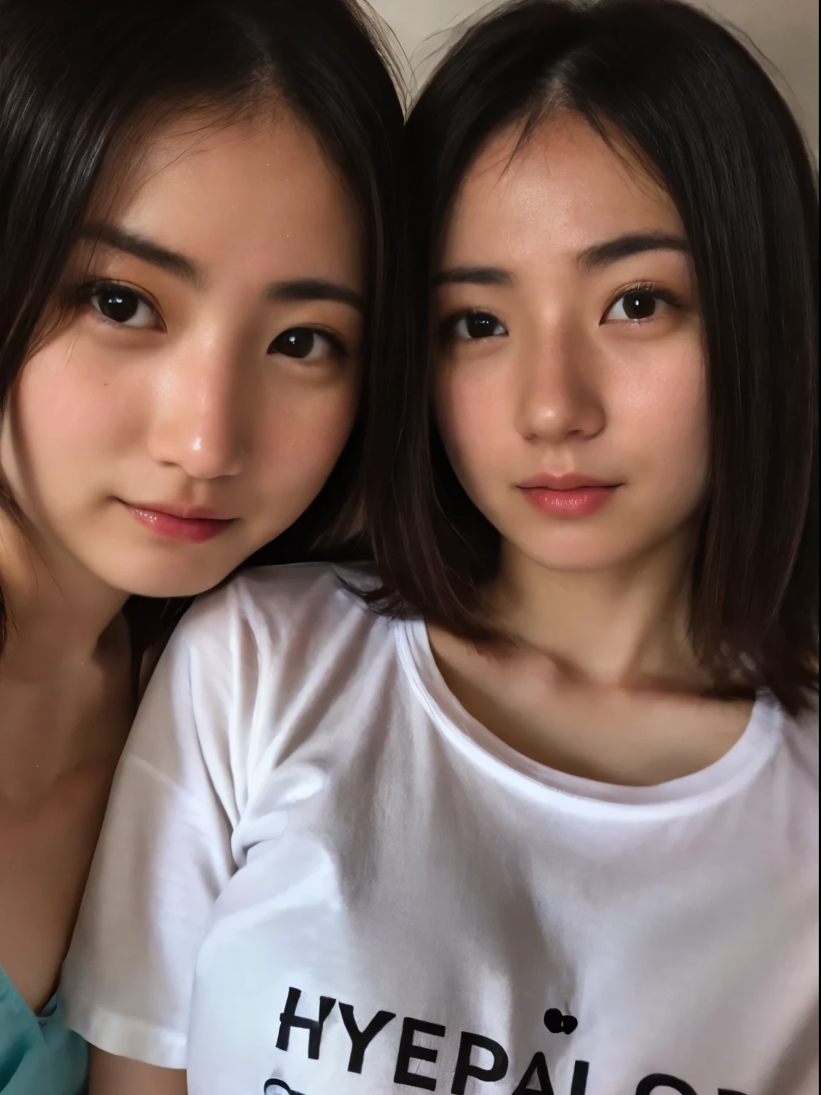 dressed、(Photoreal:1.4)、(hyper realistic:1.4)、(realistic:1.3)、
(smoother lighting:1.05)、(映画の照明Improvement of quality:0.9)、32K、
identical twin sisters、16 year old girl、realistic lighting、Backlight、facial light、ray tracing、(bright light:1.2)、(Improvement of quality:1.4)、
(Top quality real texture skin:1.4)、finely tuned、detailed face、
(Tired, sleepy and happy)、(While laughing:0)、close up of face、T-shirt、
(Improve your body line:1.1)、(improve skin texture:1.1)