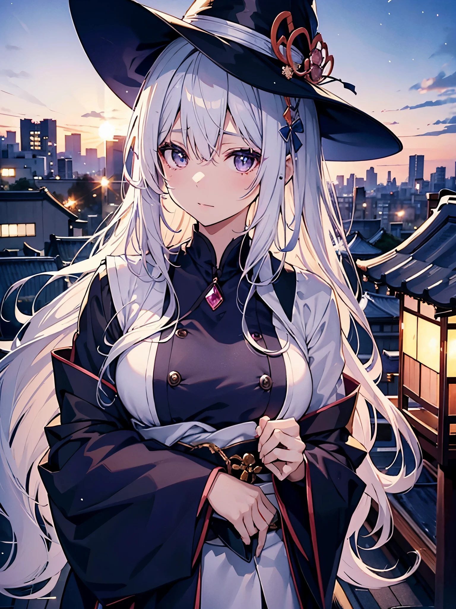 Japan 、She has small breasts、She wears a large witch&#39;s hat with sapphire accessories、She wears her Japan high school uniform、she has white hair、I&#39;m on a rooftop in Tokyo late at night、glitter in the background々You can see multiple buildings glowing with