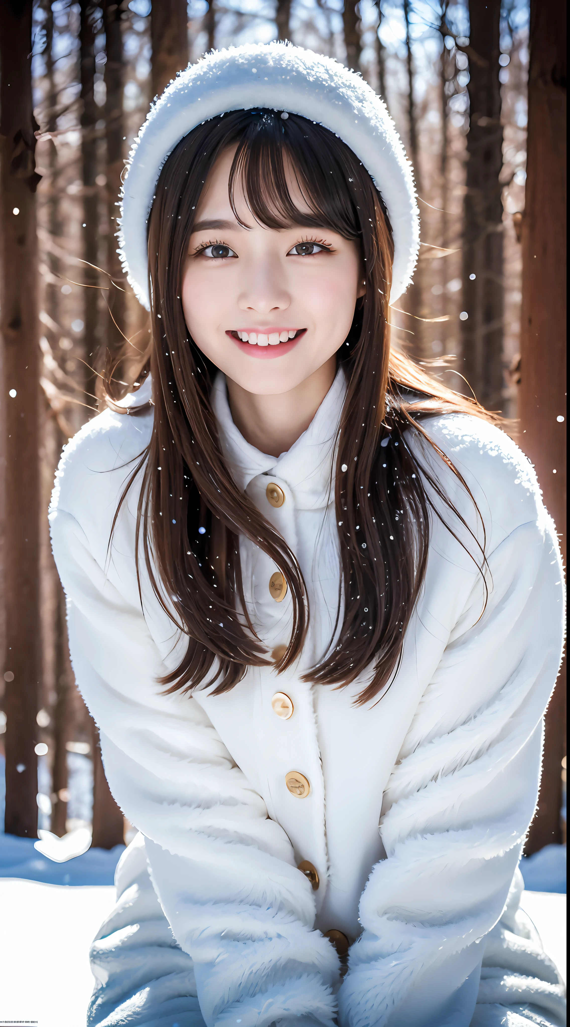 ulzzang-6500-v1.1, (raw photo:1.2), (photorealistic:1.4), beautiful detailed girl, very detailed eyes and face, beautiful detailed eyes, Ridiculous, incredibly Ridiculous, huge file size, super detailed, a high resolution, very detailed, Best quality, masterpiece, Kemomimi, ((Winter clothes for Japanese girls )), illustration, very detailed, computer graphics, single, 8K wallpaper, Amazing, small parts, masterpiece, Best quality, very detailed computer graphics uniform 8K wallpaper, The world in the face, cinematic lighting, 1 girl, , slight smile, whole body, sit on a rotten tree,((dynamic pose)), winter background with snow, play with snow, Snow globe,