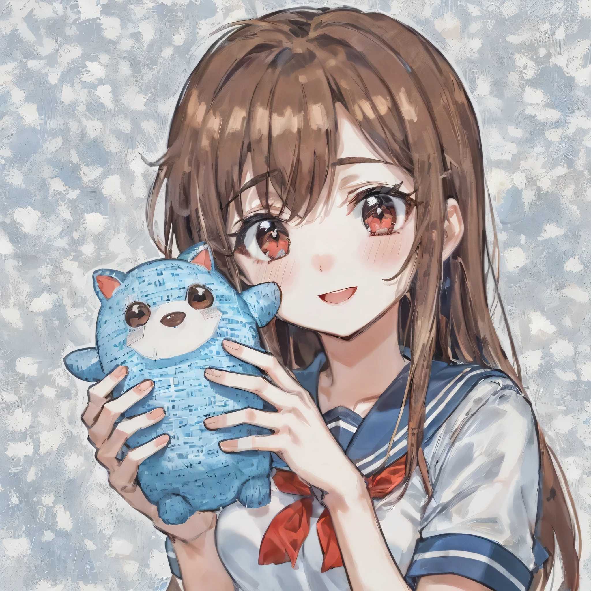 Super detailed,masterpiece, highest quality,shape,sailor suit,slanted eyes,straight hair,brown hair,side part,super dense skin,beautiful and detailed eyes,short sleeve shirt,red eyes,(medium breasts:1.1), (A raised and well-defined bust:1.1), (lifted chest:1.2), (perky chest :1.1),high School girl,Please sit down,high socks,loafers,smile,School,blush,BREAK catch light eyes,black nose stuffed animal