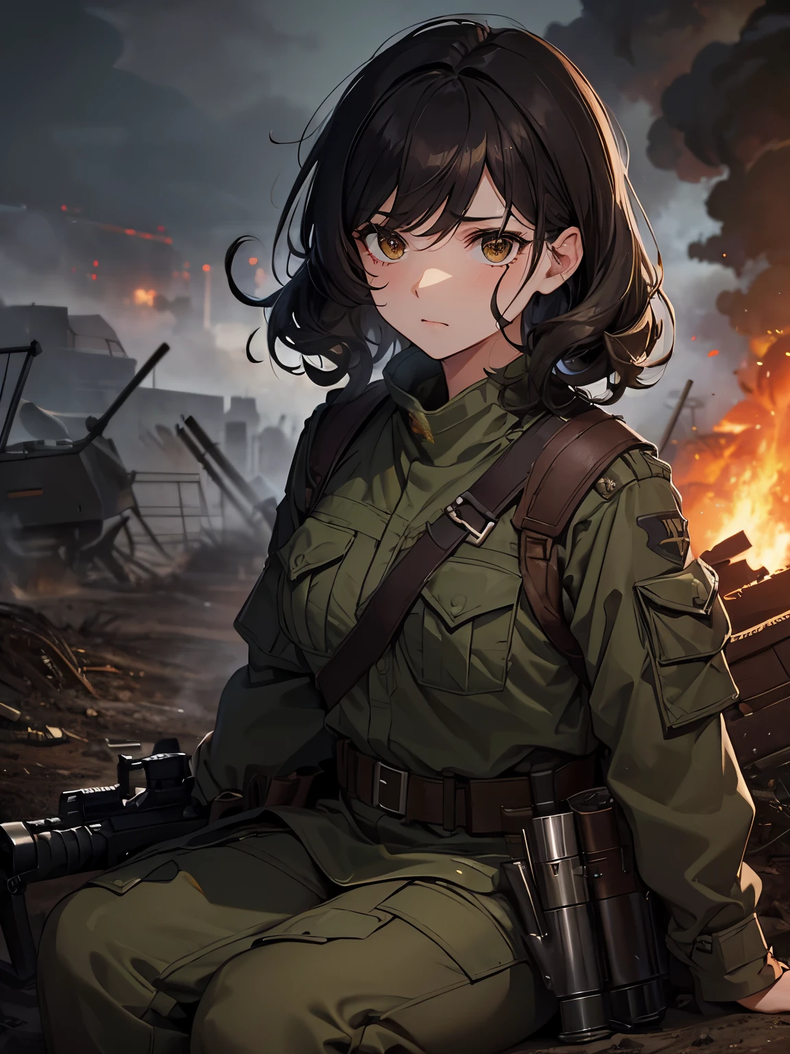 Masterpiece, close up, dark sky, war, battle, smoke, gunfire, explosions, warzone, trench, woman, scared, nervous expression, dirty face, sitting in trench, gripping rifle, black hair, curly hair, messily cut hair, brown eyes, green military outfit, olive body armour, ballistic belt