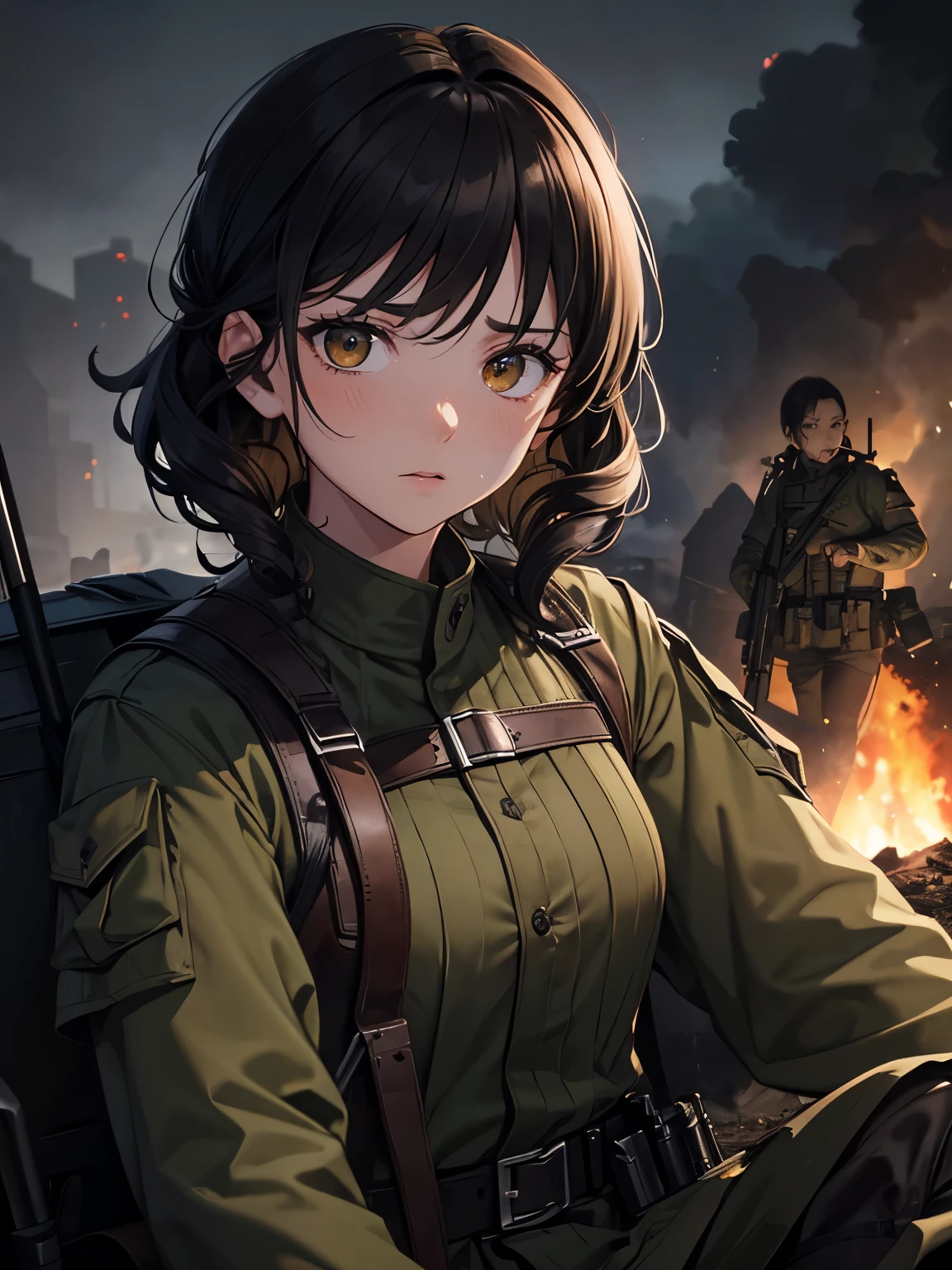 Masterpiece, close up, dark sky, war, battle, smoke, gunfire, explosions, warzone, trench, woman, scared, nervous expression, dirty face, sitting in trench, gripping rifle, black hair, curly hair, messily cut hair, brown eyes, green military outfit, olive body armour, ballistic belt