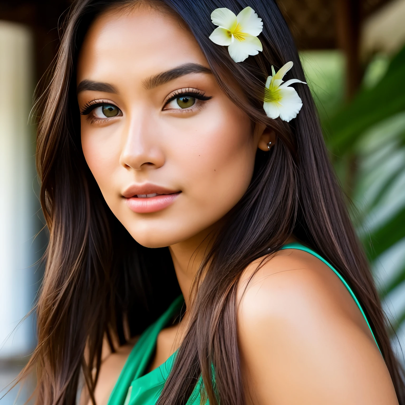 Capture the essence of contemporary Tahitian beauty with a stunning young woman, her straight brown hair cascading down her shoulders, perfectly complementing her captivating emerald green eyes. In this vibrant selfie, she effortlessly captures the vivacity of life, holding her portable device with an air of confidence. This portrait beautifully showcases the harmonious fusion of tradition and modernity, celebrating the island's inherent elegance. The hashtags #ArtTahitien and #SelfiePolynesian perfectly encapsulate the cultural richness and timeless beauty of this captivating image, while #BeautyEmerald highlights the mesmerizing allure of her striking eyes.