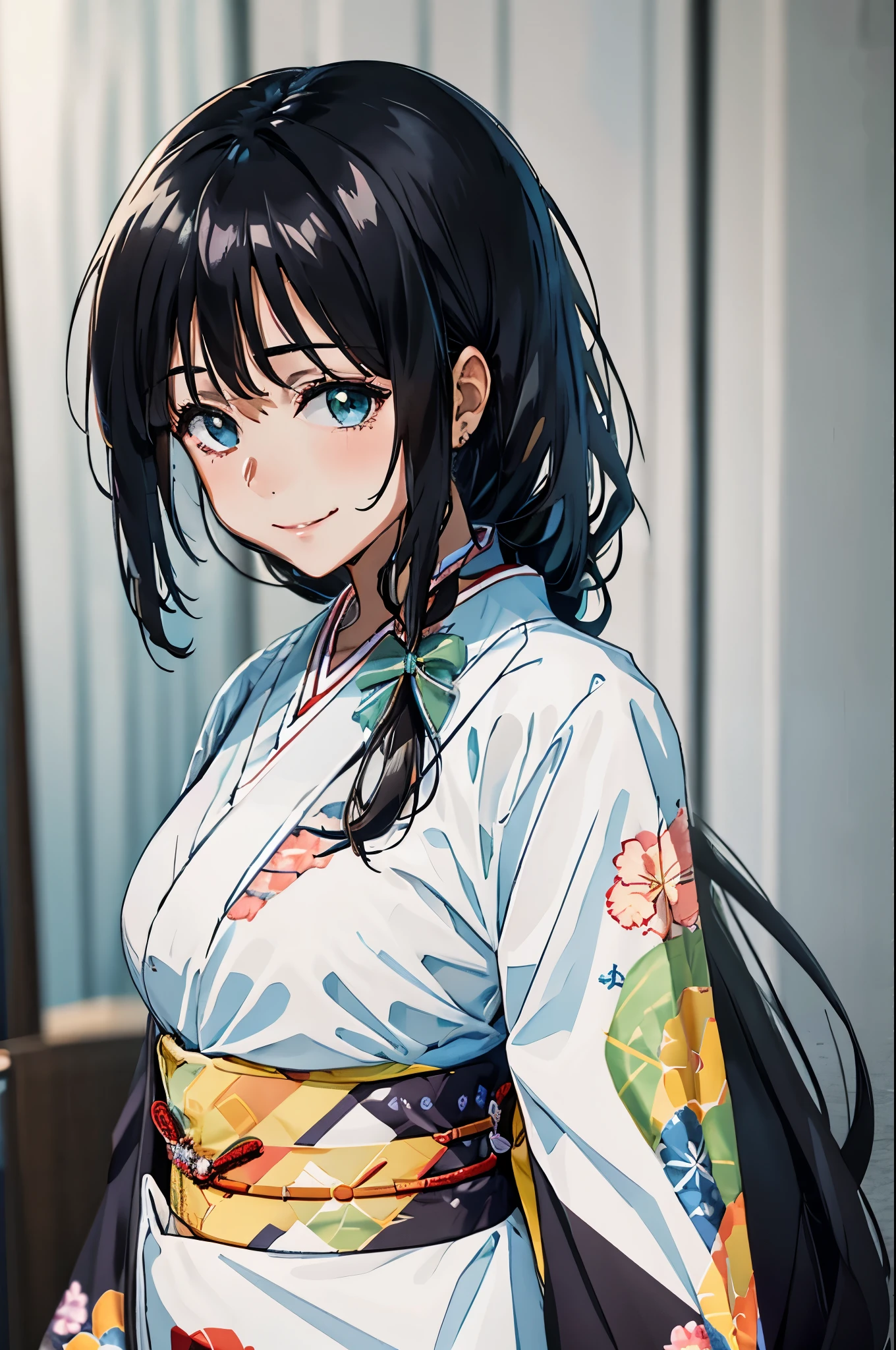 1 girl, solo long hair, shiny black hair, side swept loose ponytail, tied in a ribbon, droop eyes, white skin, shiny skin, little smile, large brest, a long-sleeved kimono, furisode, portrait