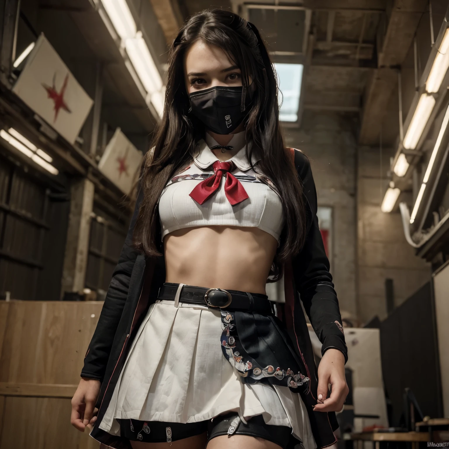 (((Masterpiece))), (((Best Quality: 1.4))), ((Super Detail: 1.4)) , hyper detailed, character design, chracter sheet, unique, school girl with a murderous side, she has a mask she wears when she kills people, she's a drummer in a band, she's a hopeless romantic