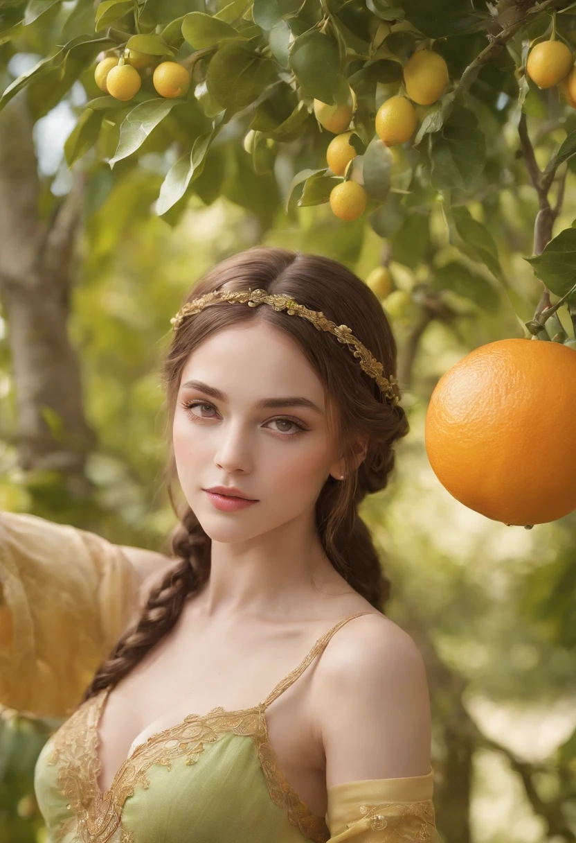 (ultra high res,best quality), (8k, best quality, masterpiece), ((nsfw)),best quality, masterpiece, illustration,CG ,unity ,wallpaper, official art, Amazing, finely detail, an extremely delicate and beautiful,extremely detailed, highly detailed, sharp focus,rich background,blurry background, ((small breasts)) With robes that shimmer like citrus fruit, this enchantress wields the power of oranges, lemons, and limes. Her staff is topped with a glowing orb that changes color, resembling the shifting shades of a sunset over an orchard. Her hair is styled in intricate braids adorned with citrus slices, and her eyes have a sparkling vibrancy like freshly squeezed juice,upper body